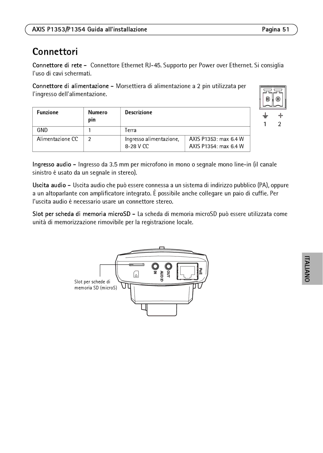 Axis Communications P1354, P1353 manual Connettori, Funzione Numero Descrizione Pin 