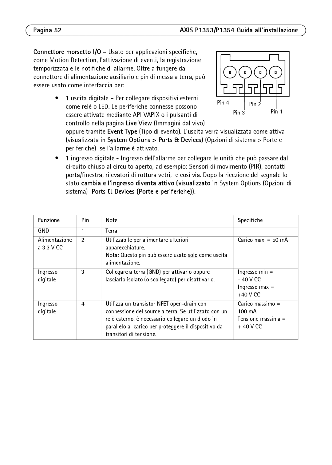 Axis Communications P1353, P1354 manual Uscita digitale Per collegare dispositivi esterni, Funzione Pin Specifiche 