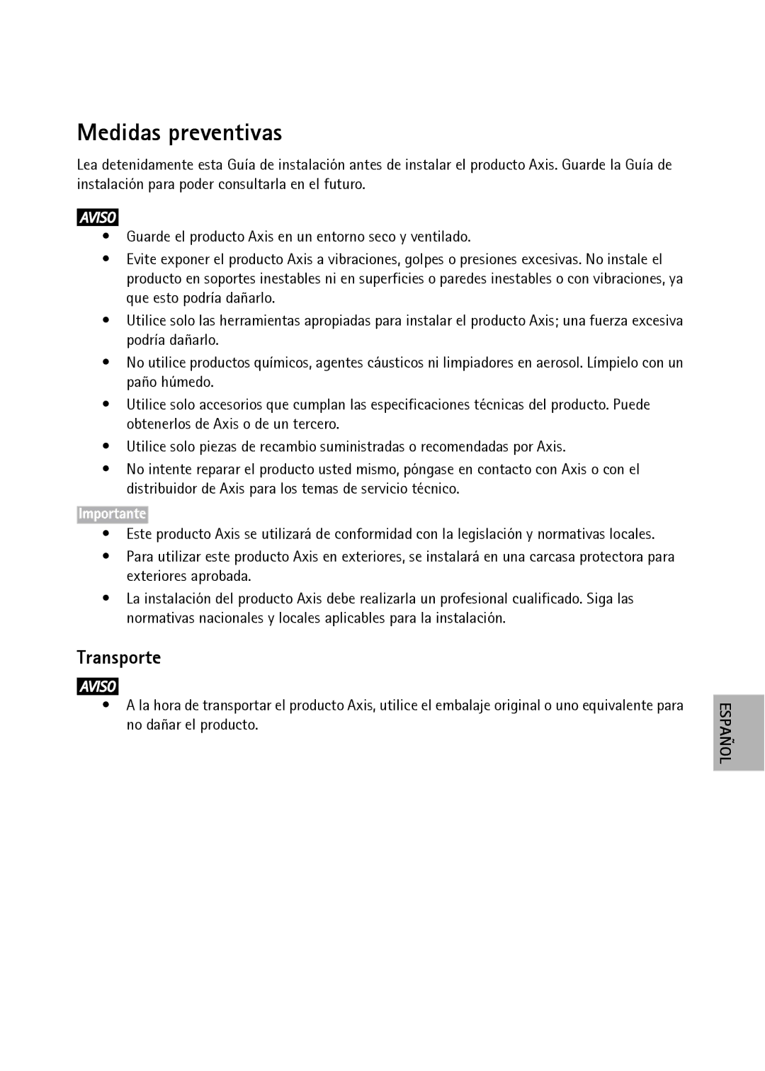 Axis Communications P1354, P1353 manual Medidas preventivas, Transporte 