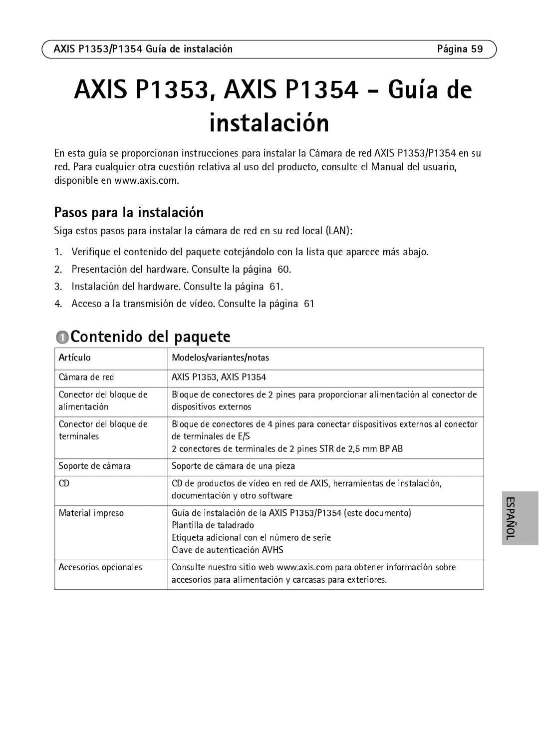 Axis Communications P1354, P1353 manual Contenido del paquete, Pasos para la instalación, Artículo Modelos/variantes/notas 