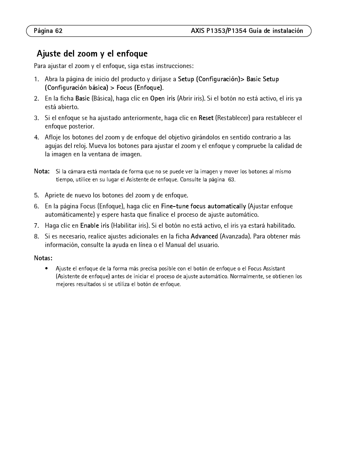 Axis Communications P1353, P1354 manual Ajuste del zoom y el enfoque, Apriete de nuevo los botones del zoom y de enfoque 