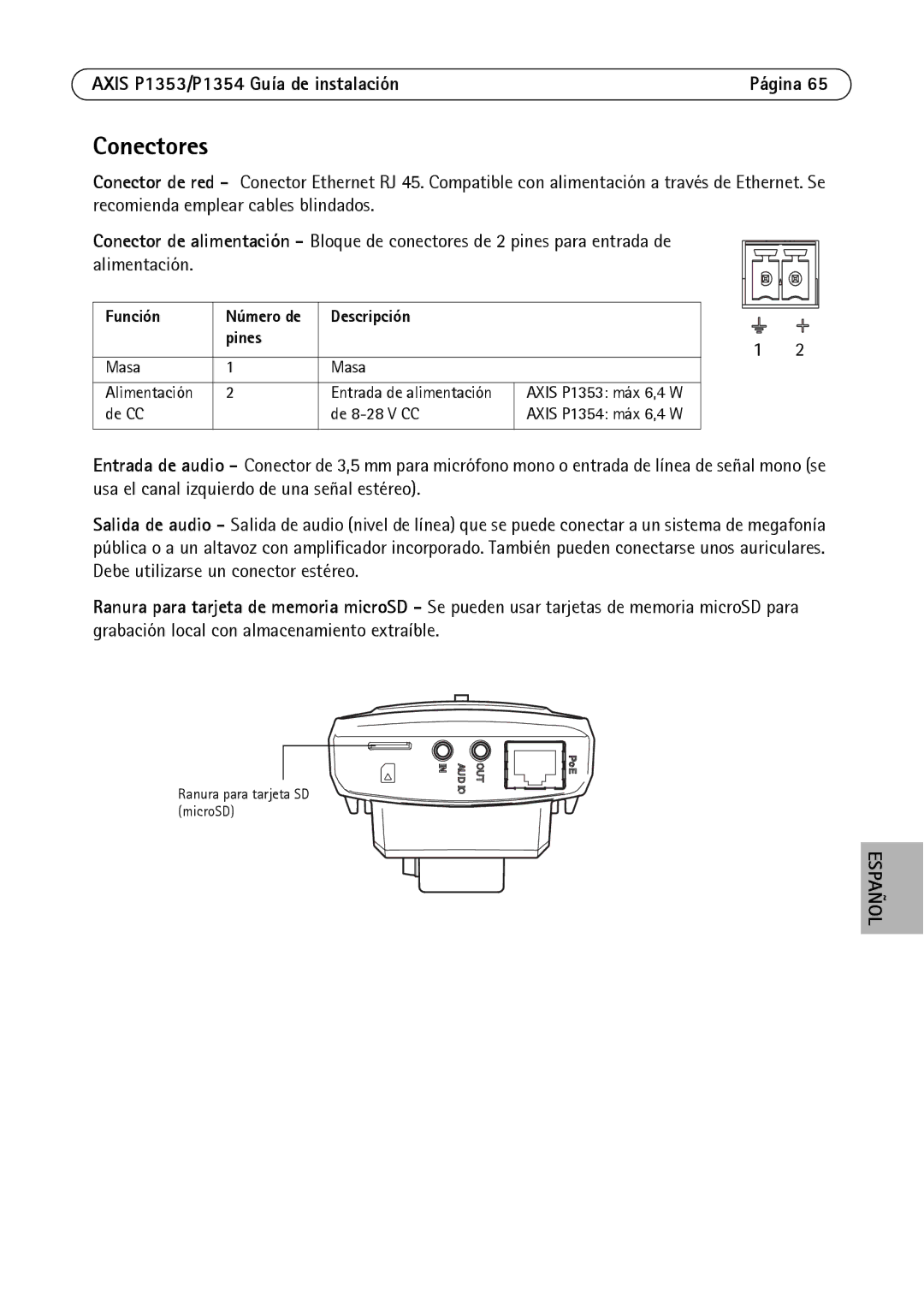 Axis Communications P1354, P1353 manual Conectores, Función, Descripción Pines 