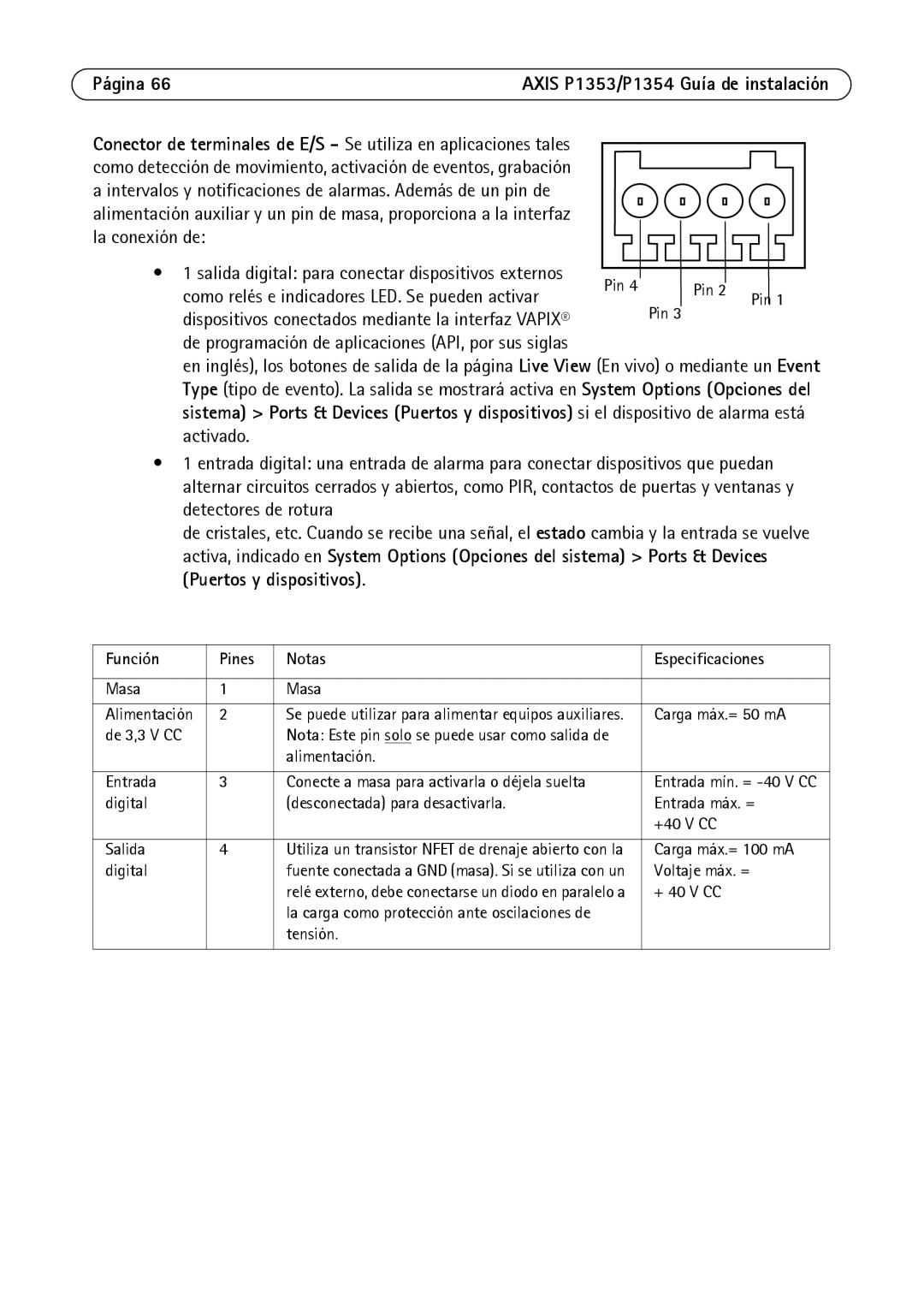 Axis Communications P1353, P1354 manual Función Pines Notas Especificaciones 