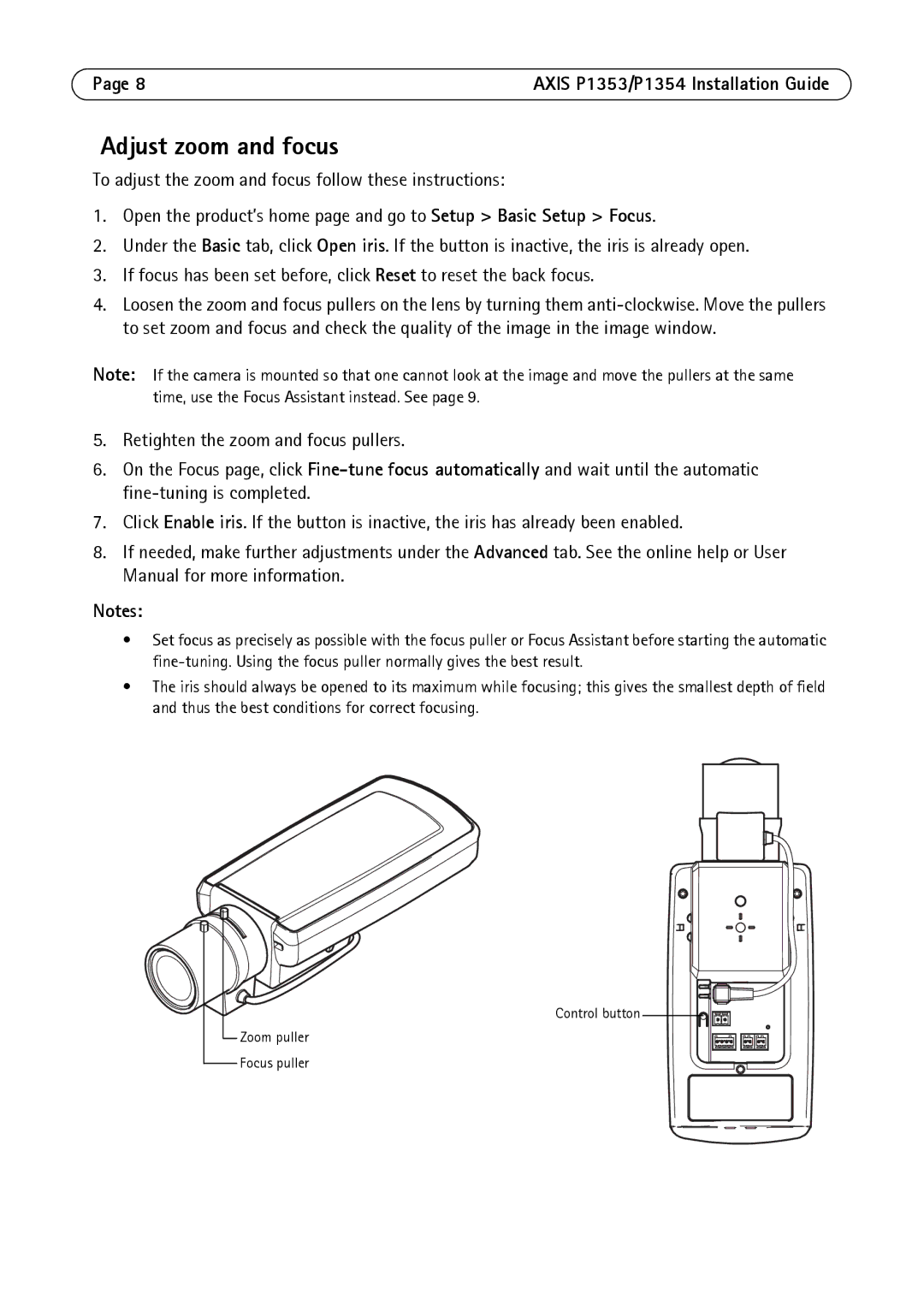 Axis Communications P1353, P1354 manual Adjust zoom and focus 