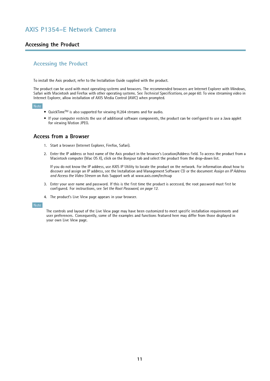 Axis Communications P1354-E user manual Accessing the Product, Access from a Browser 