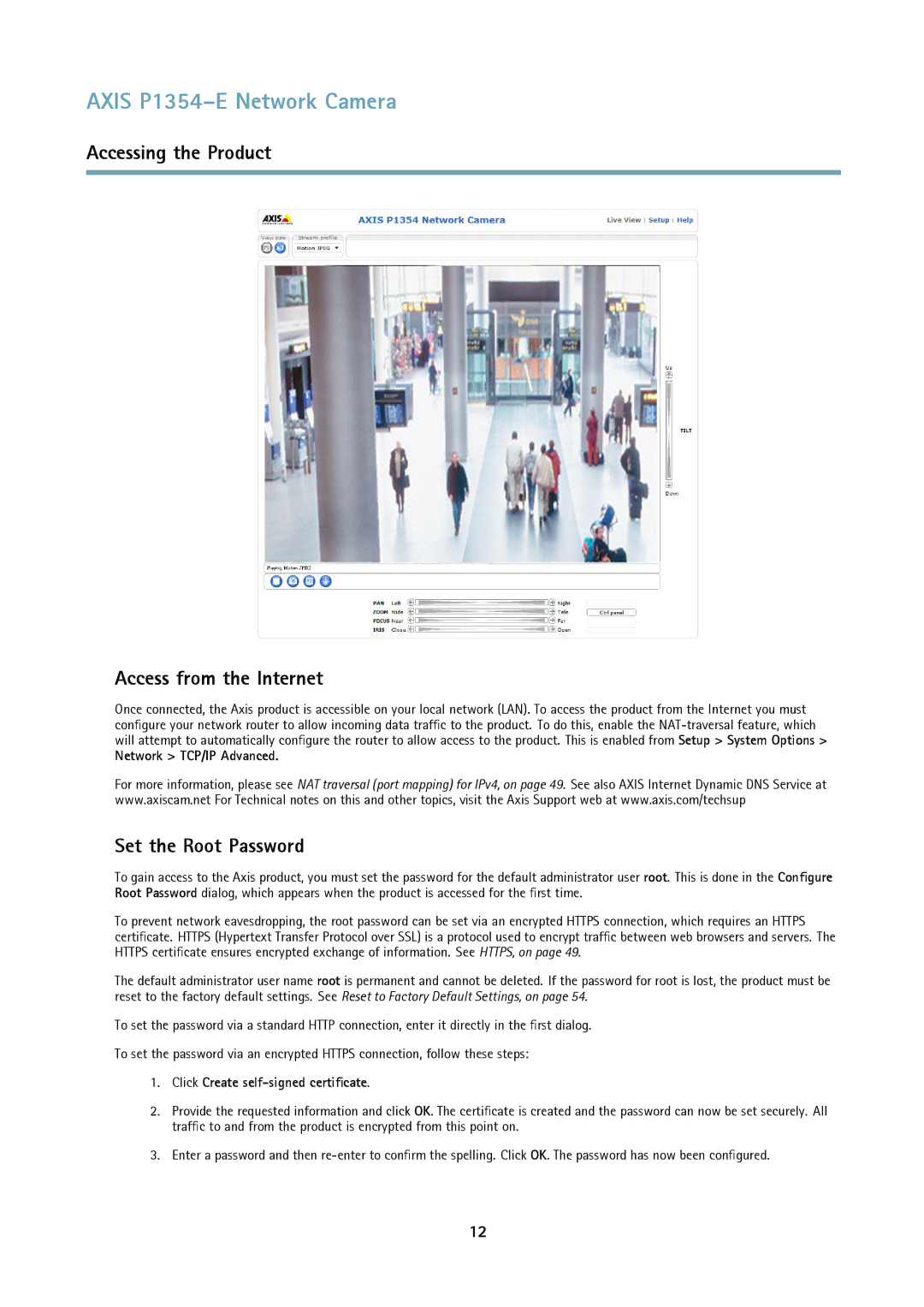 Axis Communications P1354-E Accessing the Product Access from the Internet, Set the Root Password, Network TCP/IP Advanced 