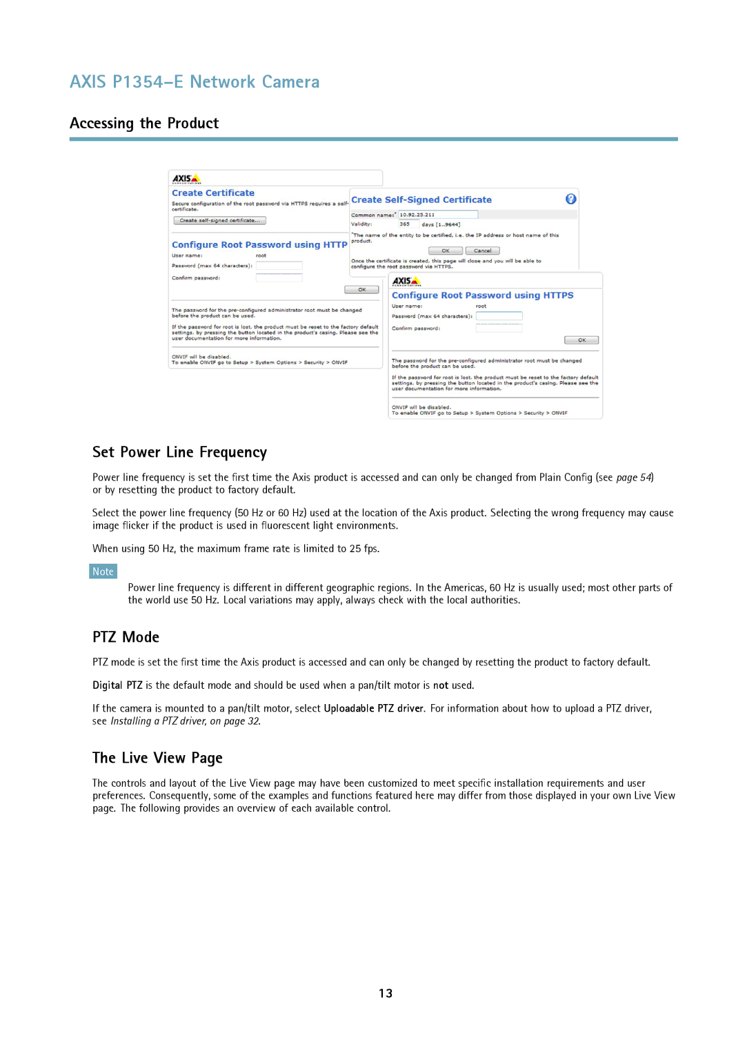 Axis Communications P1354-E user manual Accessing the Product Set Power Line Frequency, PTZ Mode, Live View 