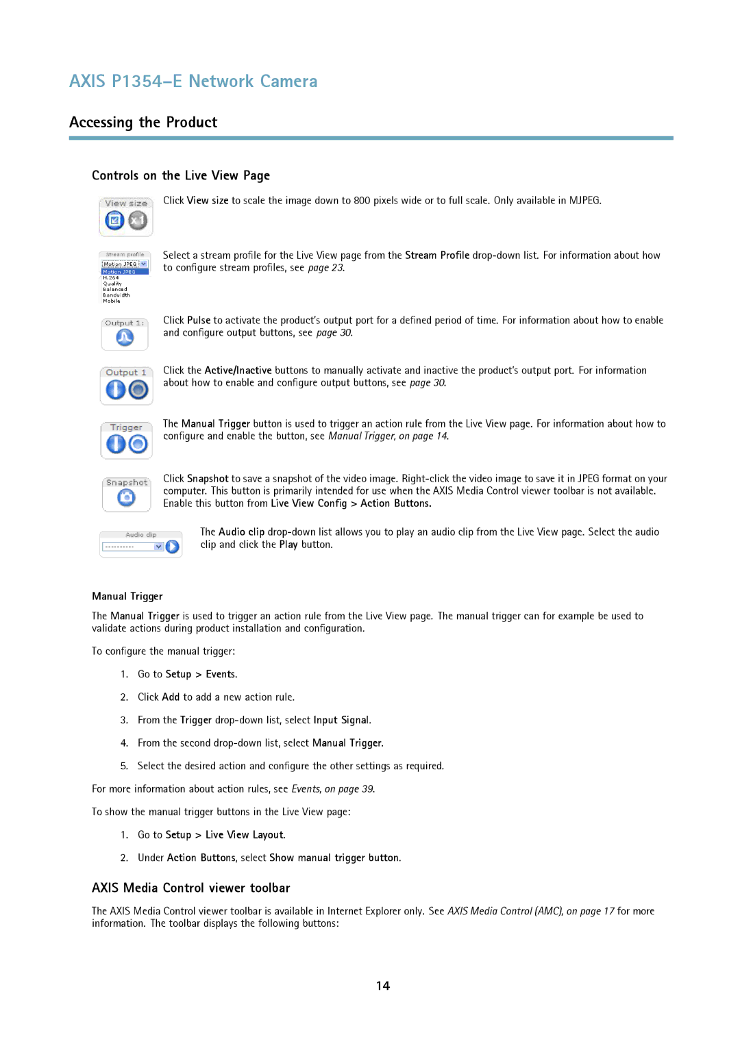 Axis Communications P1354-E user manual Controls on the Live View, Axis Media Control viewer toolbar, Manual Trigger 