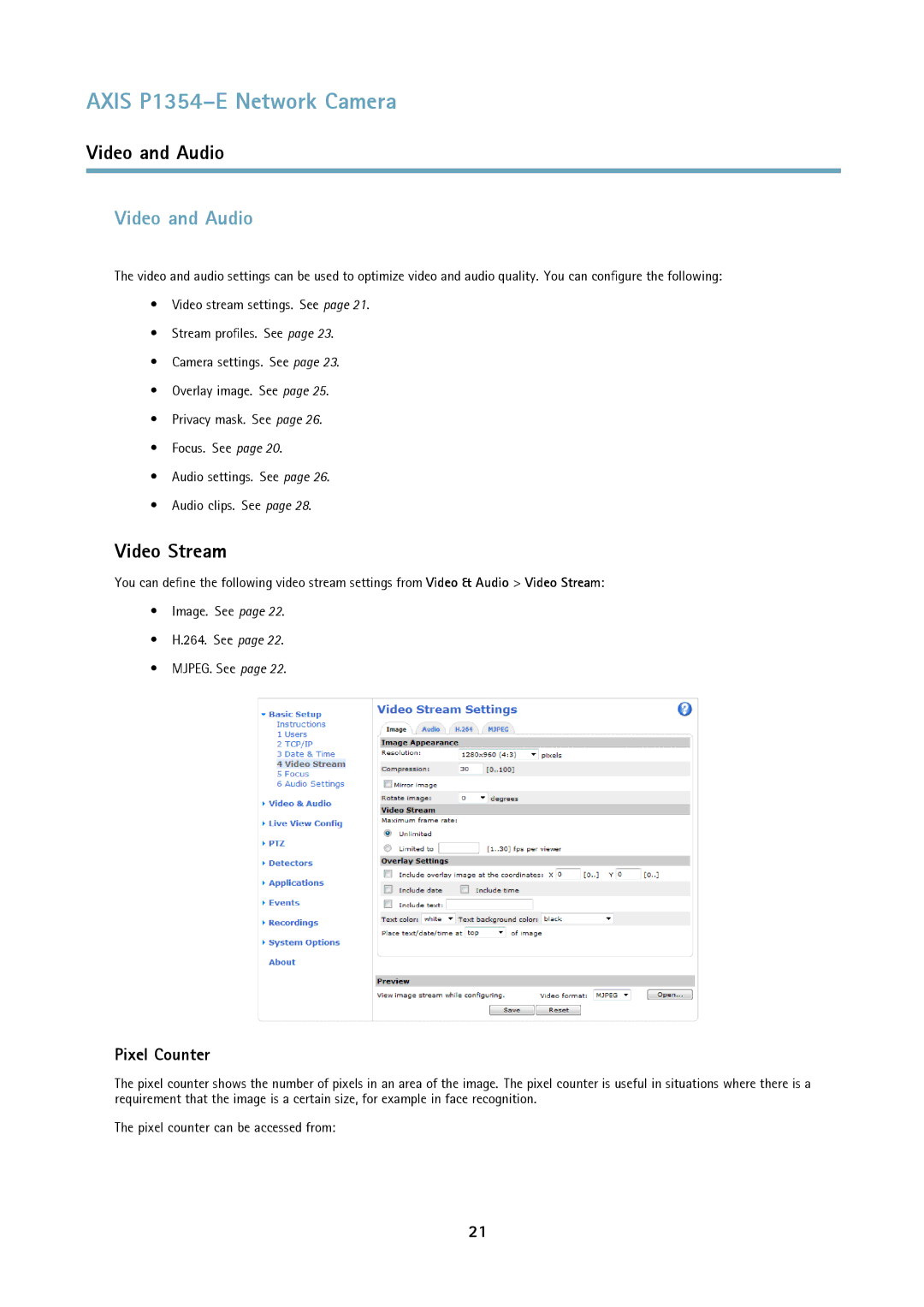 Axis Communications P1354-E user manual Video and Audio, Video Stream, Pixel Counter 