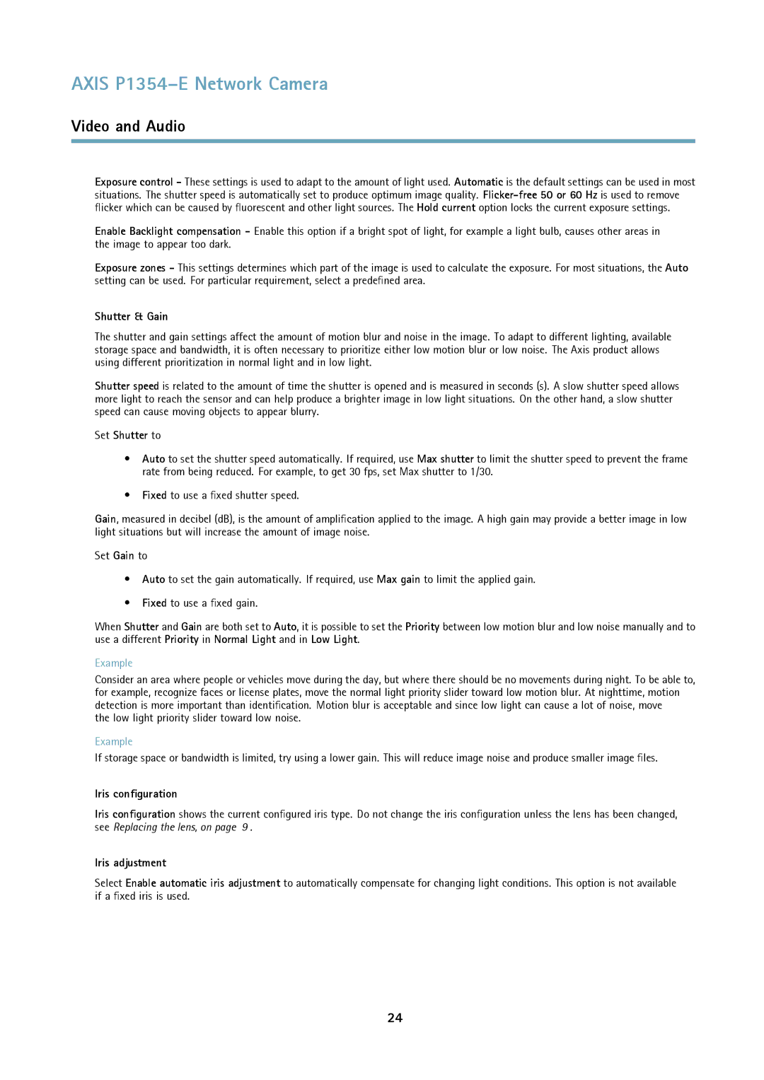 Axis Communications P1354-E user manual Shutter & Gain, Set Shutter to, Iris configuration, Iris adjustment 