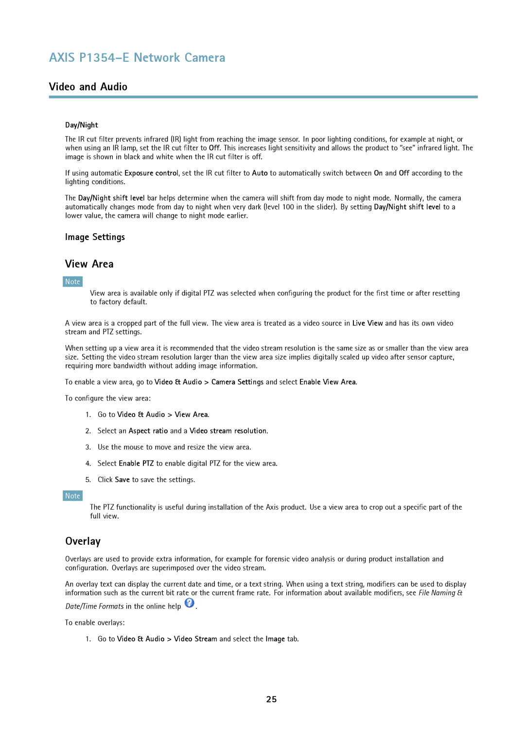 Axis Communications P1354-E user manual View Area, Overlay, Image Settings, Day/Night 