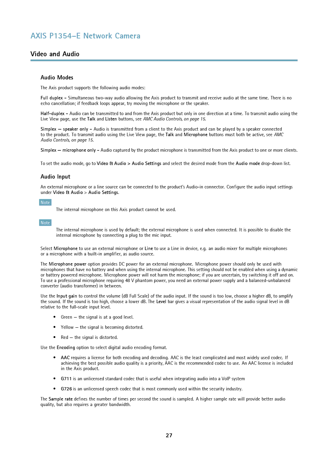 Axis Communications P1354-E user manual Audio Modes, Audio Input 