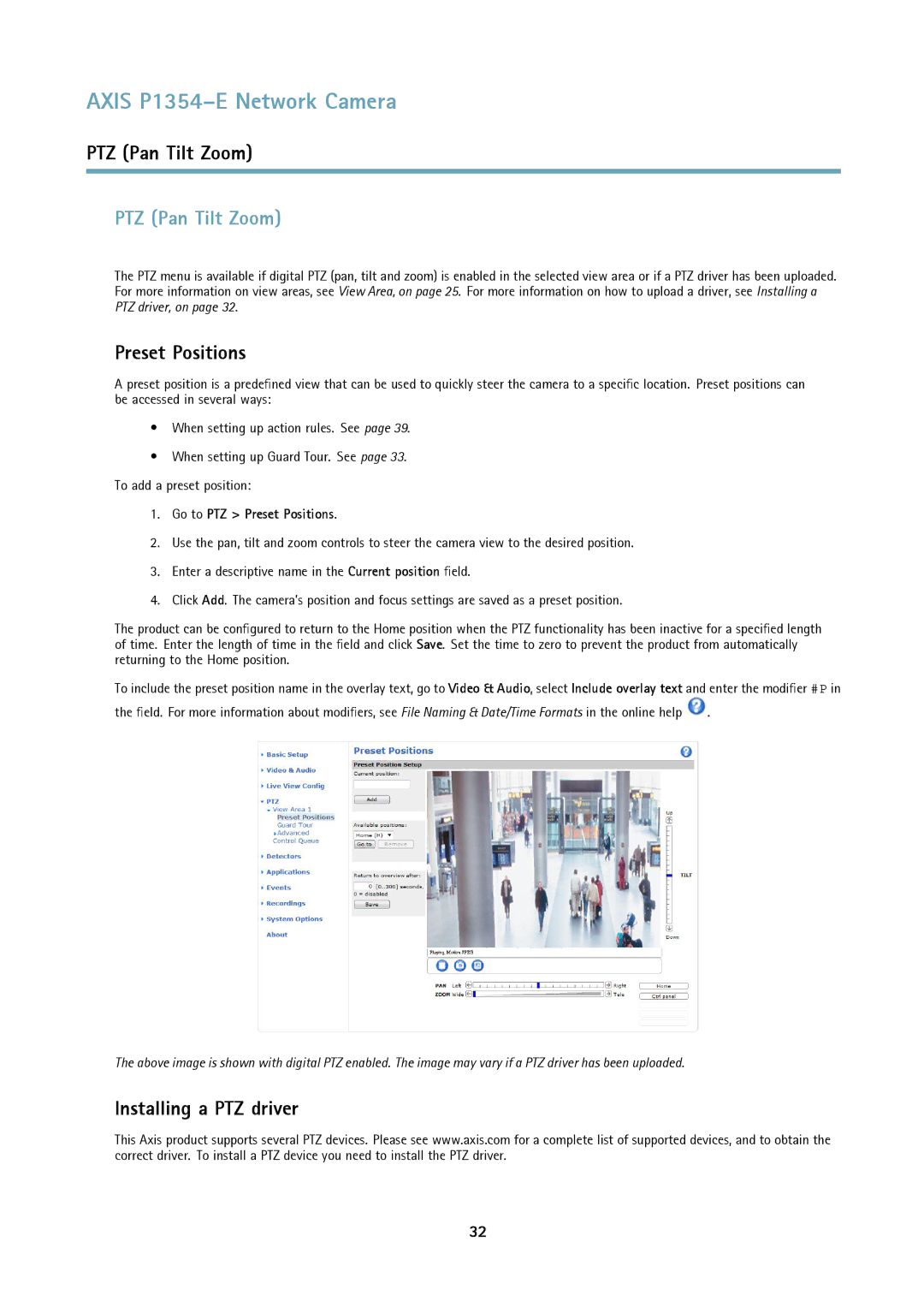 Axis Communications P1354-E user manual PTZ Pan Tilt Zoom, Installing a PTZ driver, Go to PTZ Preset Positions 