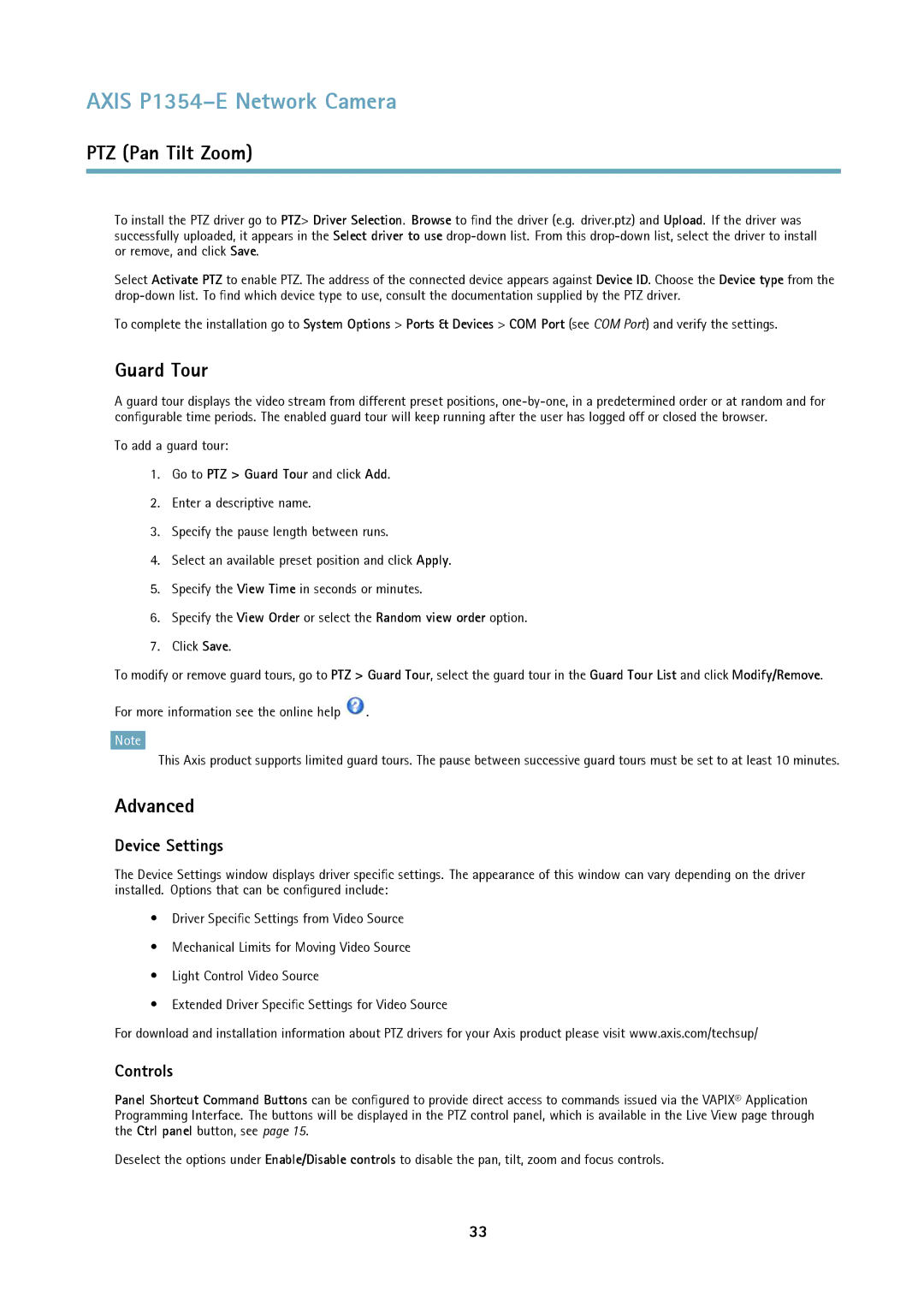 Axis Communications P1354-E user manual Advanced, Device Settings, Controls, Go to PTZ Guard Tour and click Add 