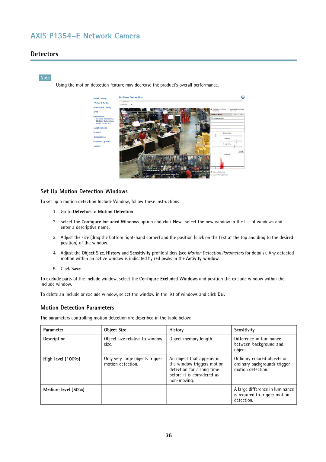 Axis Communications P1354-E user manual Set Up Motion Detection Windows, Motion Detection Parameters 