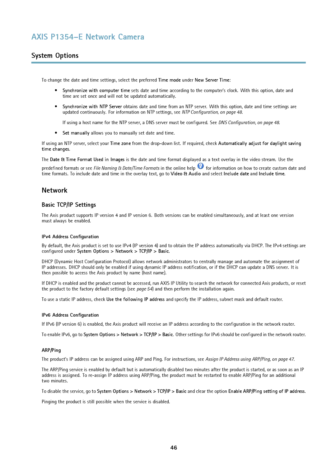 Axis Communications P1354-E Network, Basic TCP/IP Settings, IPv4 Address Configuration, IPv6 Address Configuration 