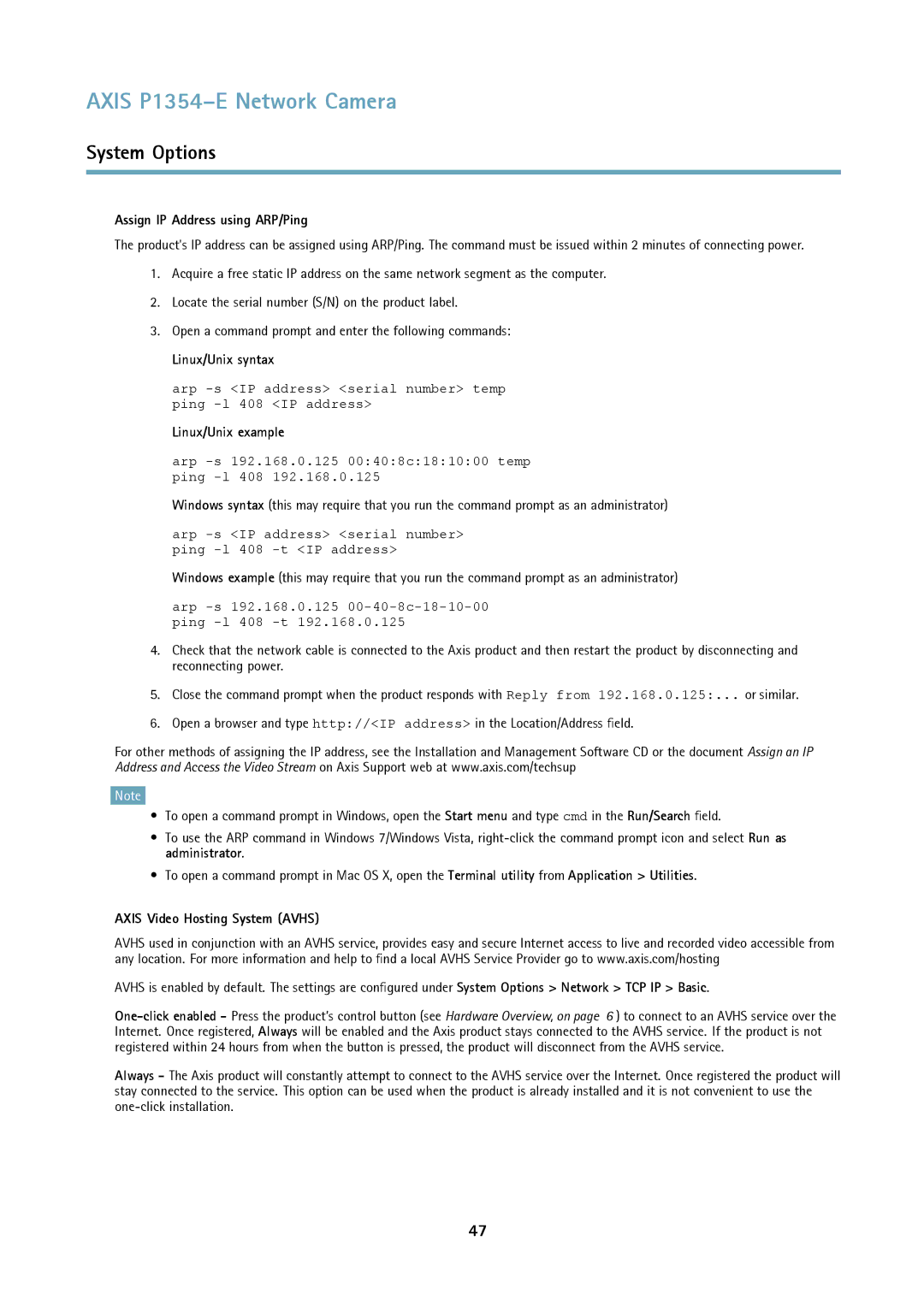 Axis Communications P1354-E user manual Assign IP Address using ARP/Ping, Linux/Unix syntax, Linux/Unix example 