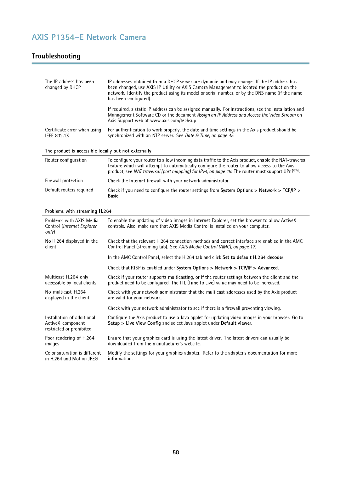 Axis Communications P1354-E user manual Product is accessible locally but not externally, Problems with streaming H.264 