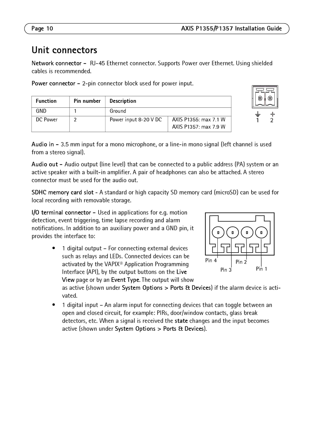 Axis Communications P1357, P1355 manual Unit connectors, Function Pin number Description 