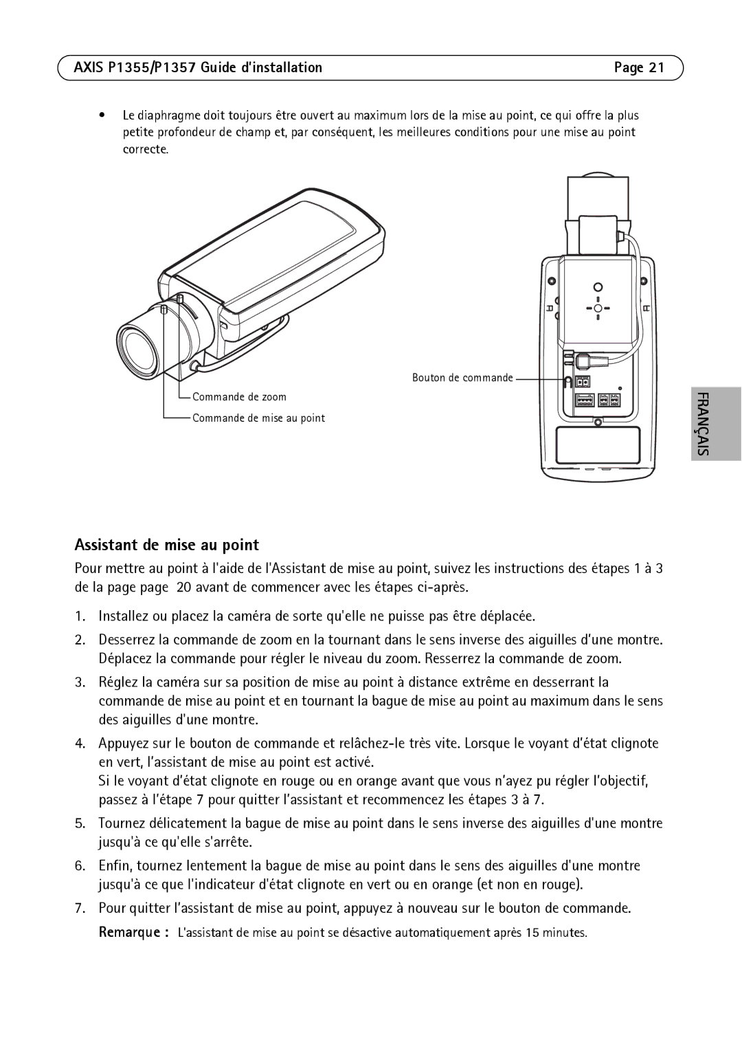 Axis Communications P1355, P1357 manual Assistant de mise au point 