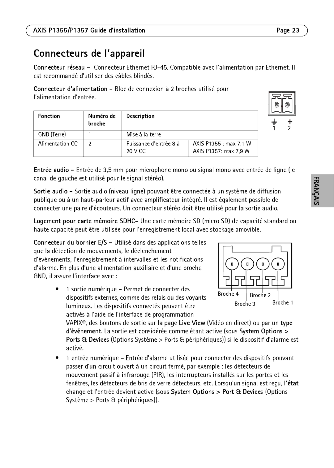 Axis Communications P1355, P1357 manual Connecteurs de l’appareil, Fonction, Description Broche 