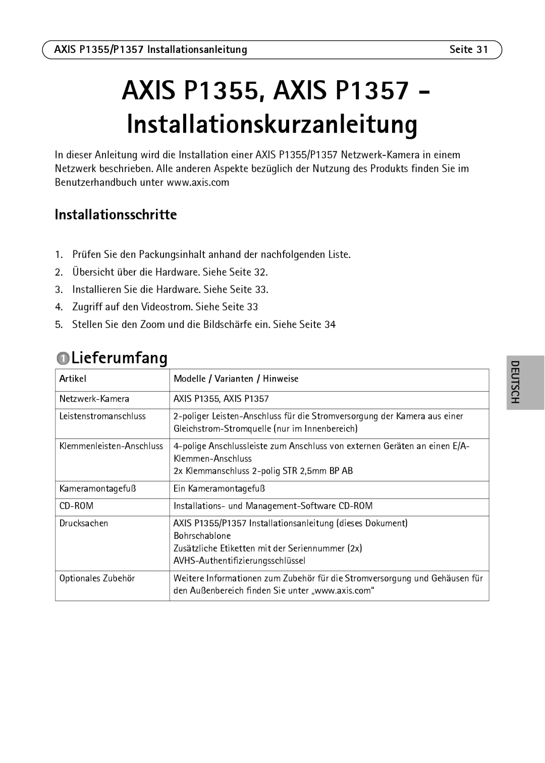 Axis Communications P1355, P1357 manual Lieferumfang, Installationsschritte, Artikel Modelle / Varianten / Hinweise 