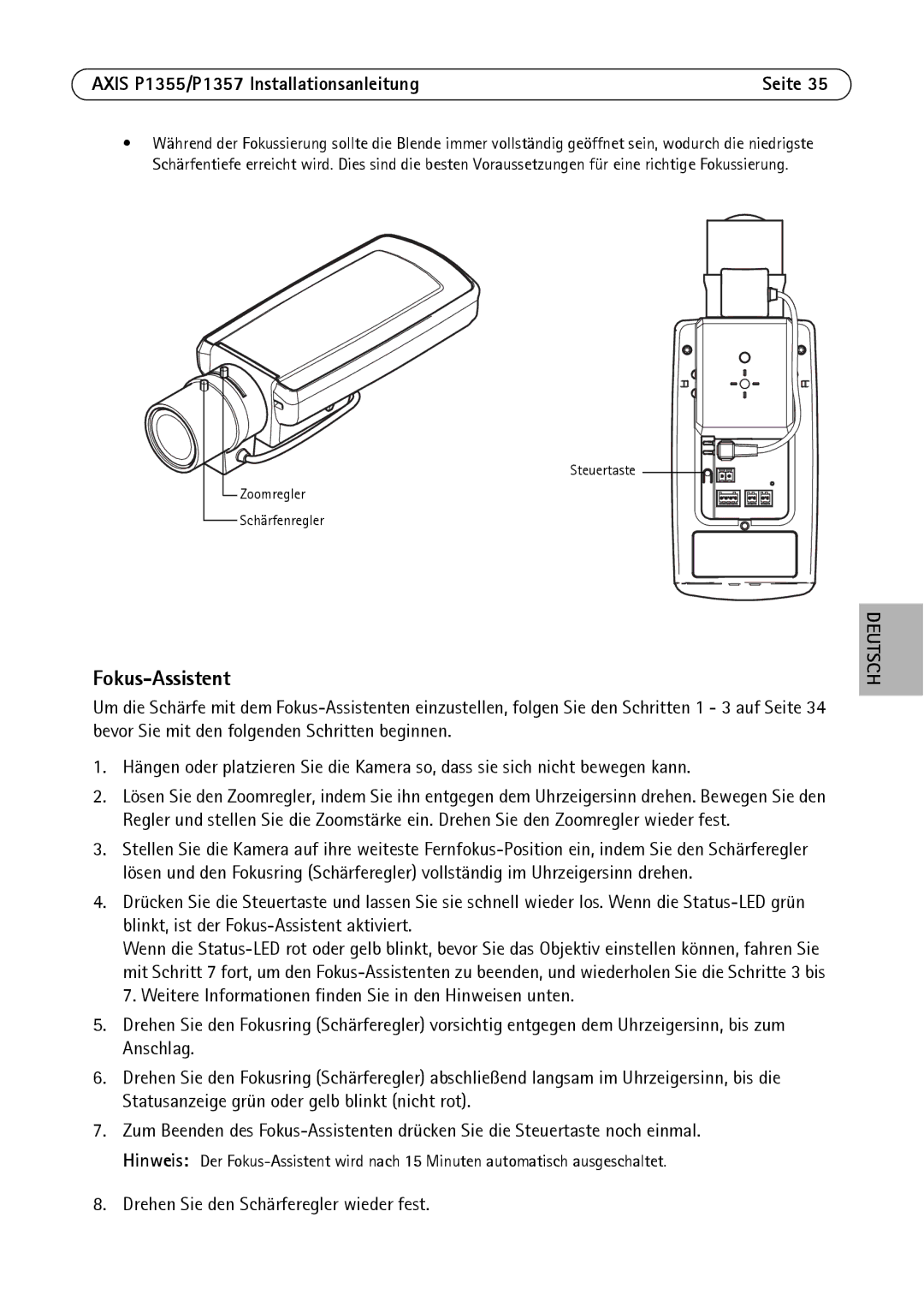 Axis Communications P1355, P1357 manual Fokus-Assistent 