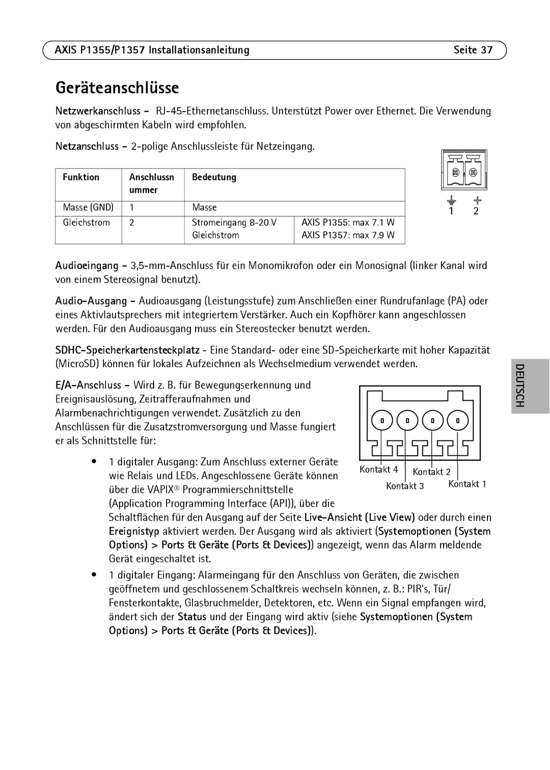 Axis Communications P1355, P1357 manual Geräteanschlüsse, Funktion Anschlussn Bedeutung Ummer 