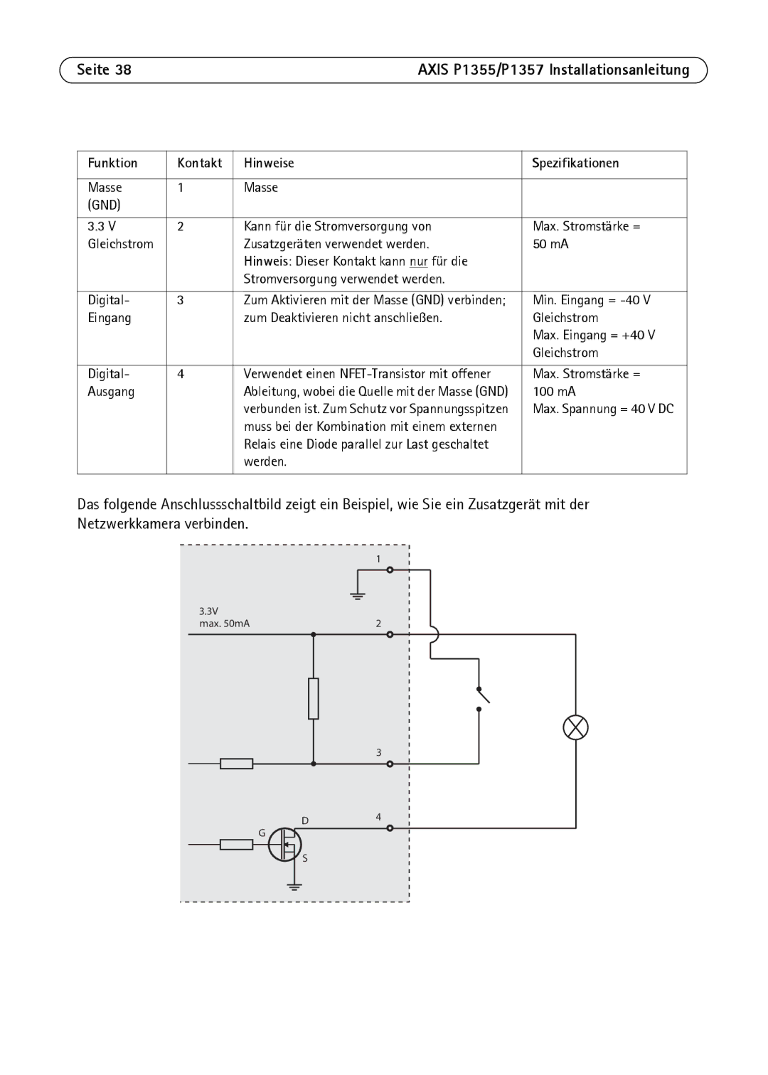 Axis Communications P1357, P1355 manual Funktion Kontakt Hinweise Spezifikationen, 100 mA 