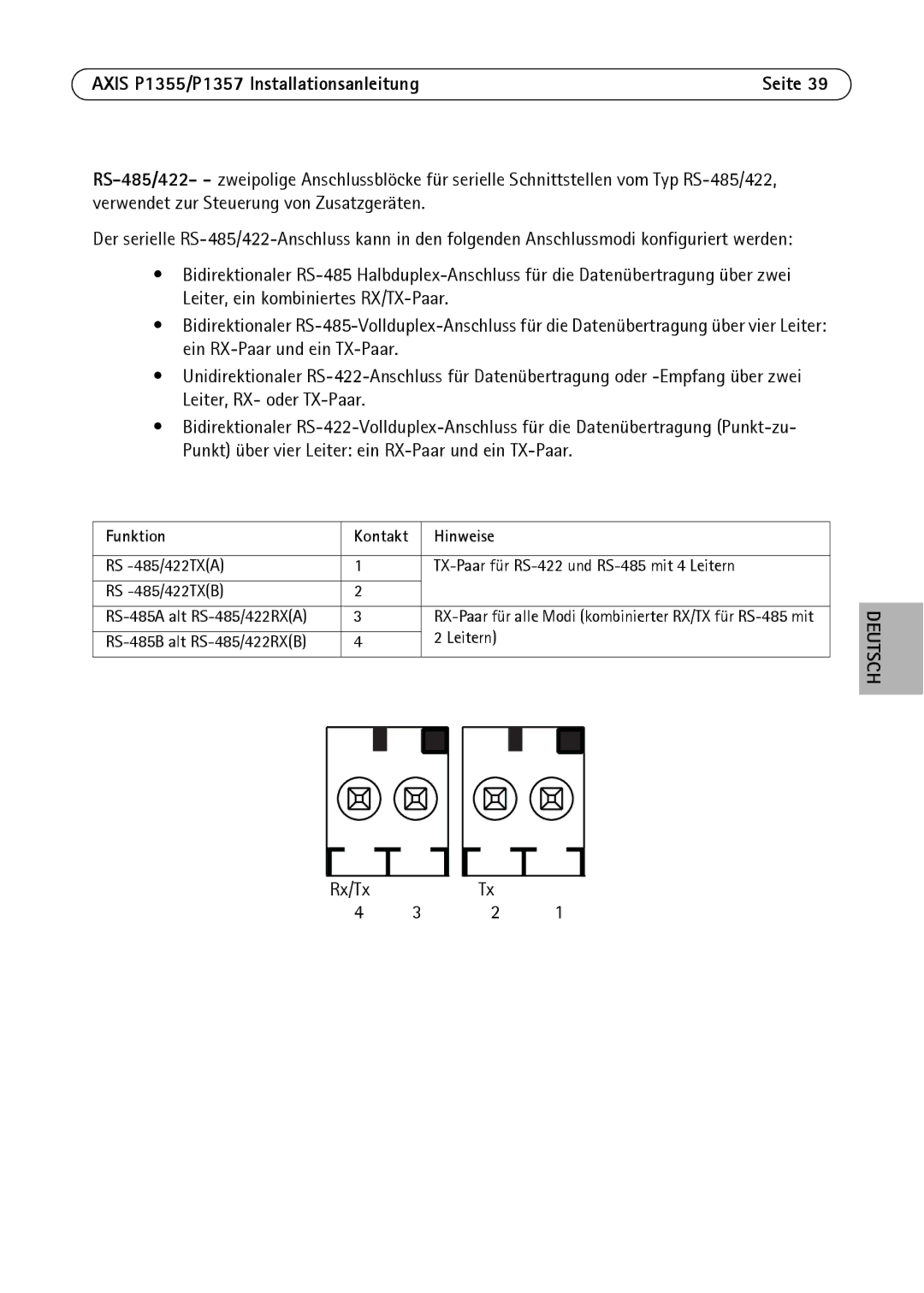 Axis Communications P1355, P1357 manual Funktion Kontakt Hinweise 