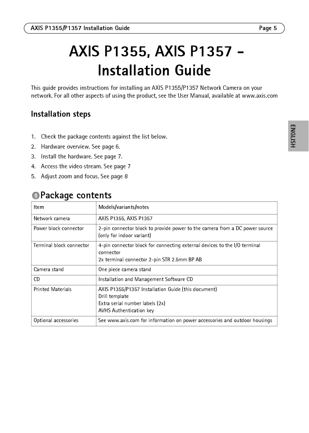 Axis Communications manual Axis P1355, Axis P1357 Installation Guide, Package contents 