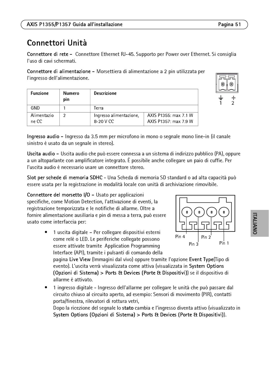 Axis Communications P1355, P1357 manual Connettori Unità, Funzione Numero Descrizione Pin 