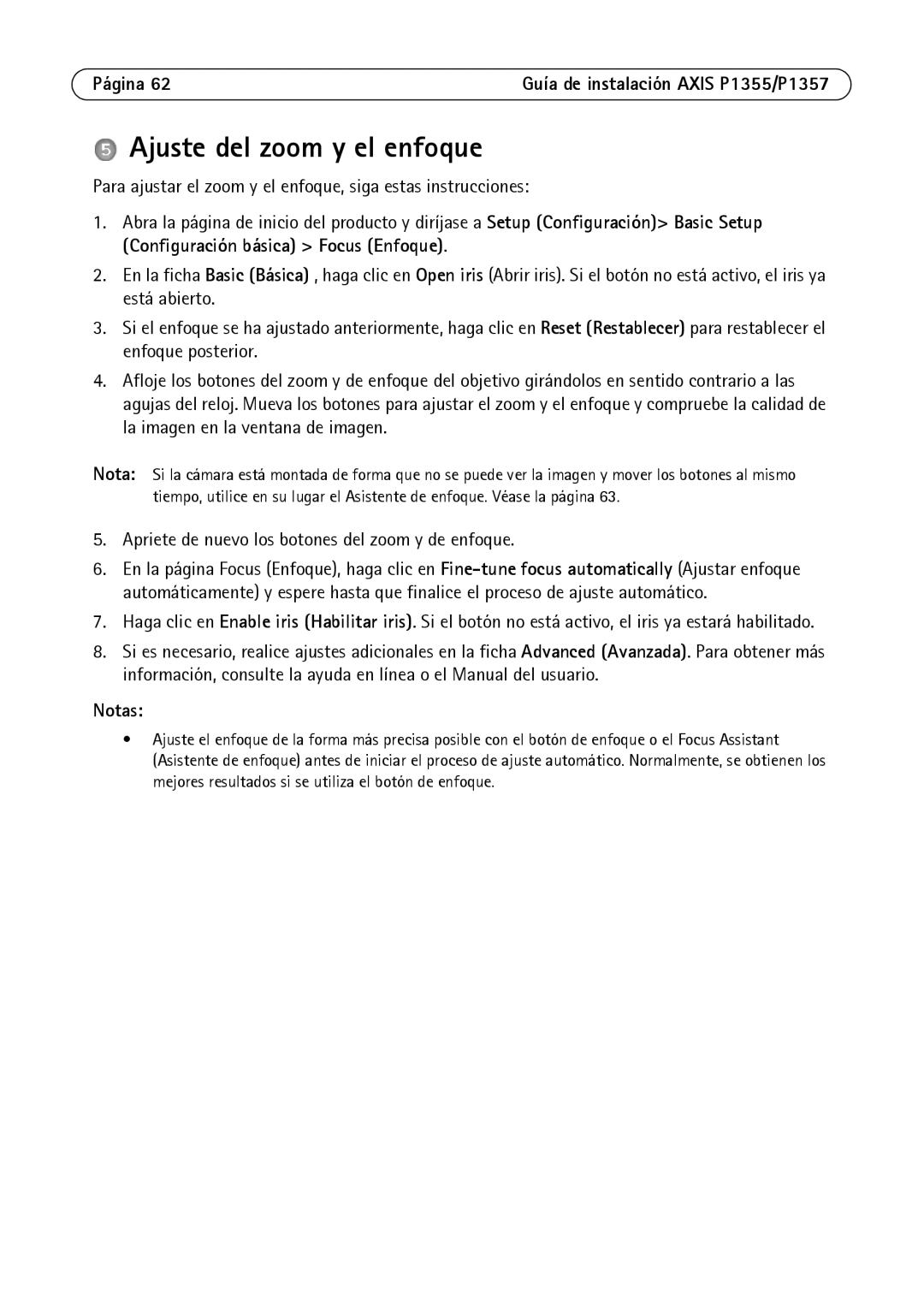 Axis Communications P1357, P1355 manual Ajuste del zoom y el enfoque, Apriete de nuevo los botones del zoom y de enfoque 