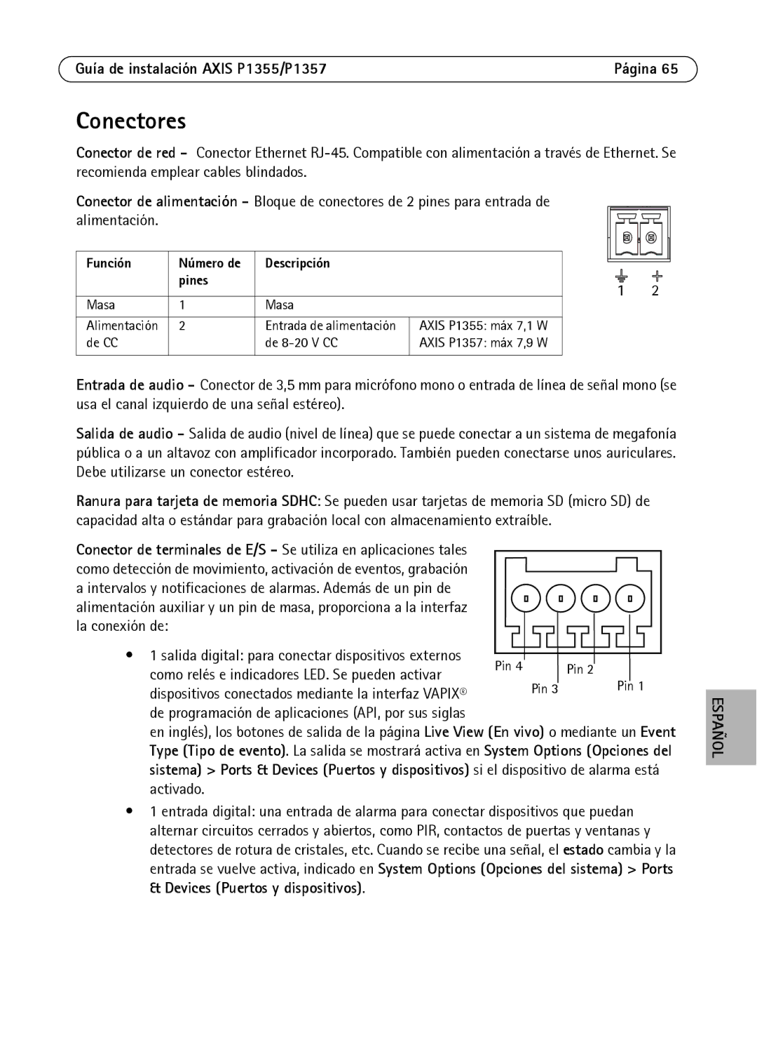 Axis Communications P1355, P1357 manual Conectores, Función, Descripción Pines 