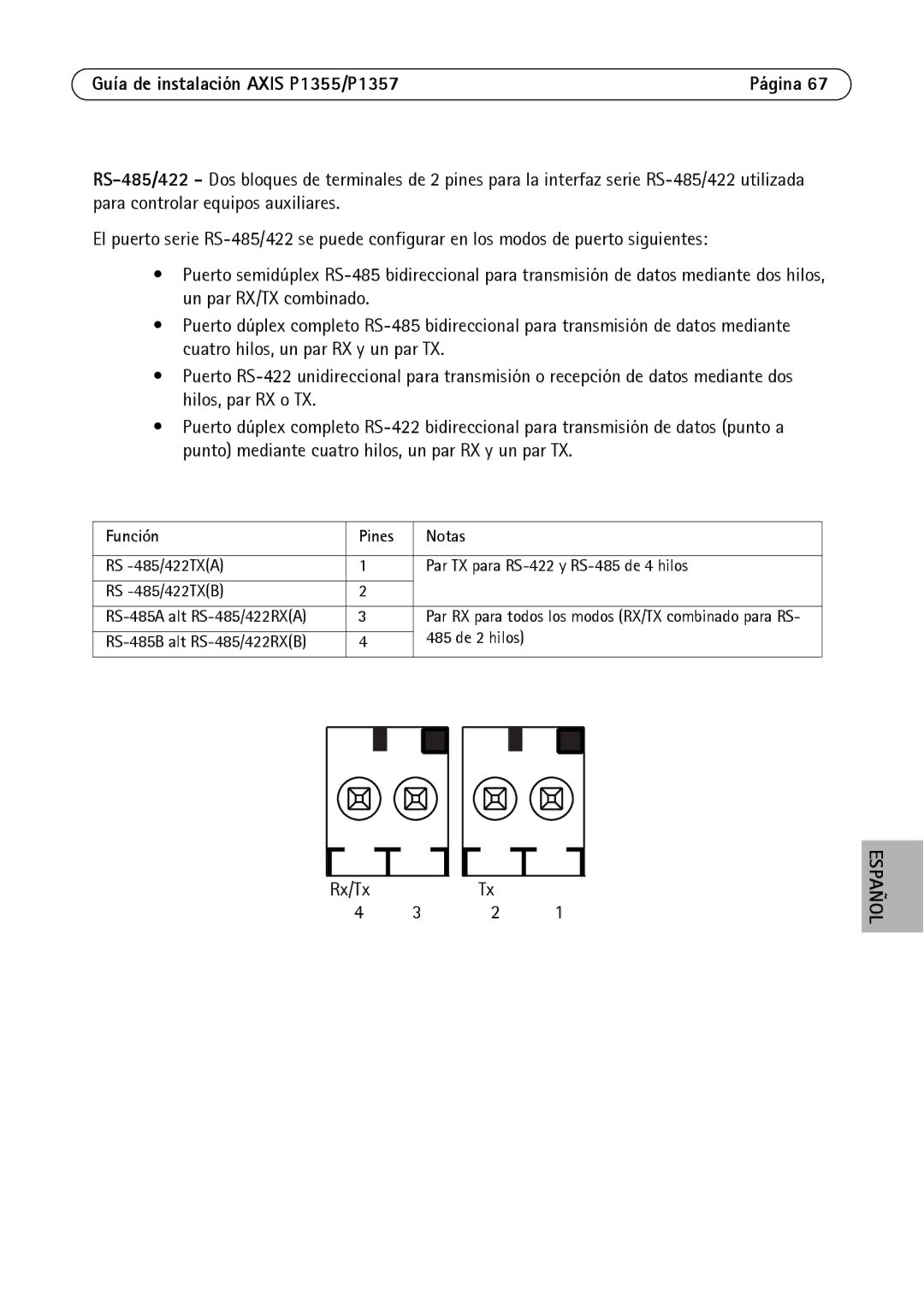 Axis Communications P1355, P1357 manual Función Pines Notas 