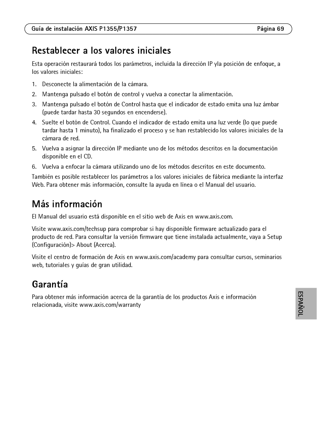 Axis Communications P1355, P1357 manual Restablecer a los valores iniciales, Más información Garantía 