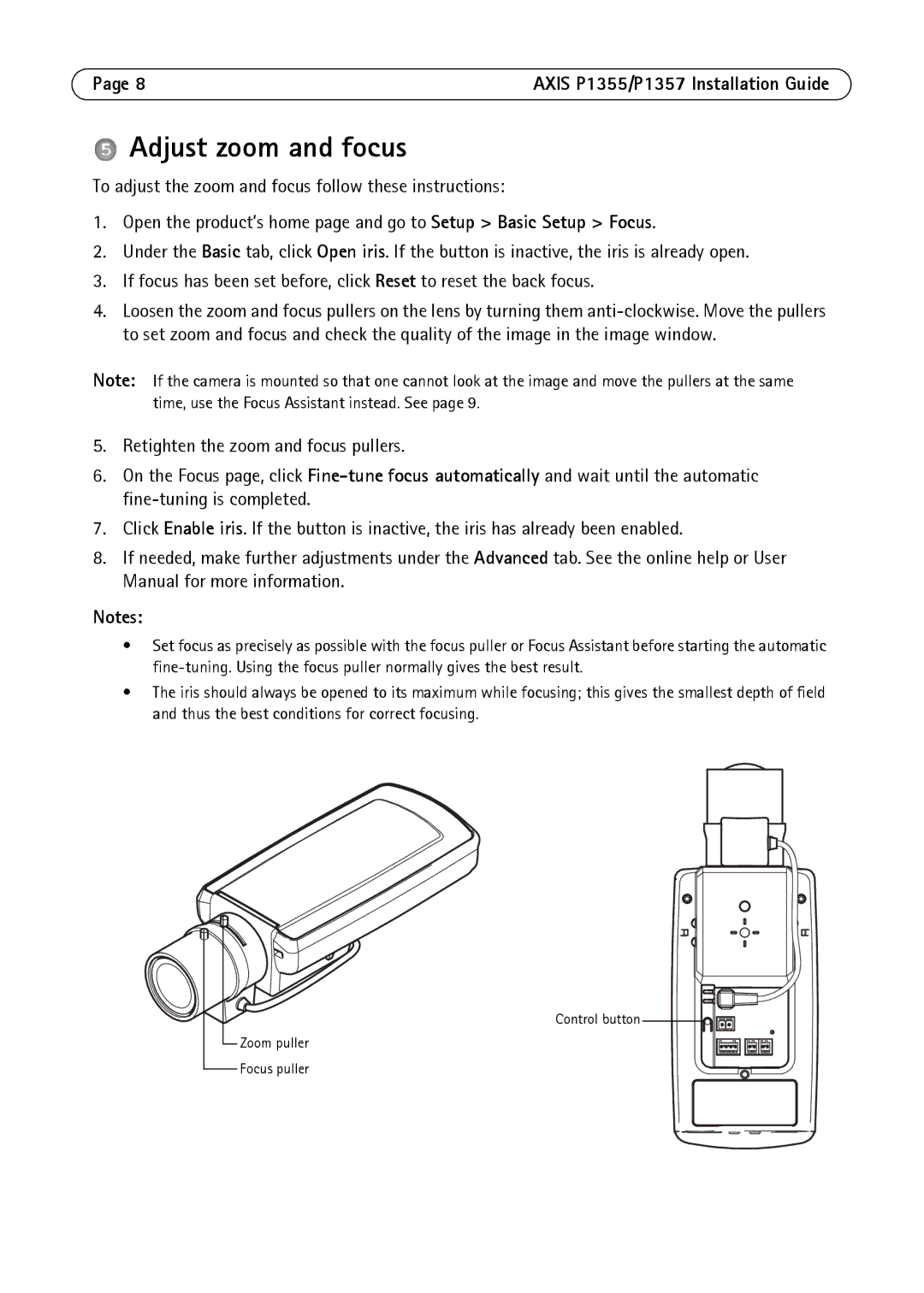 Axis Communications P1357, P1355 manual Adjust zoom and focus 