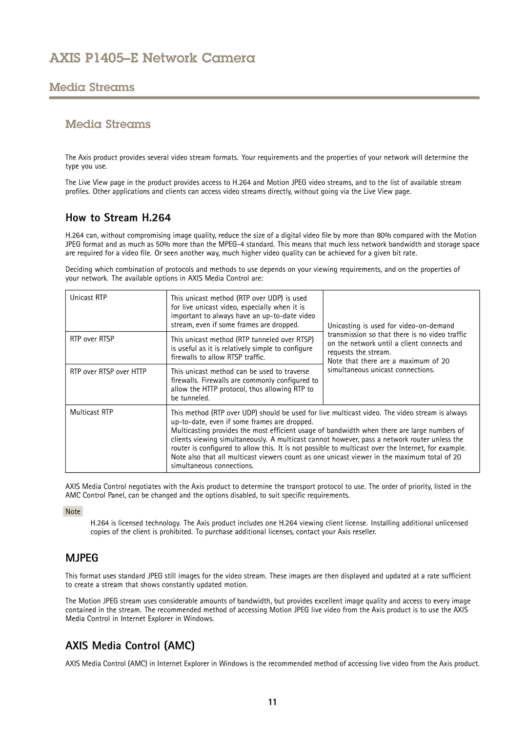 Axis Communications P1405-E user manual Media Streams, How to Stream H.264, Axis Media Control AMC 