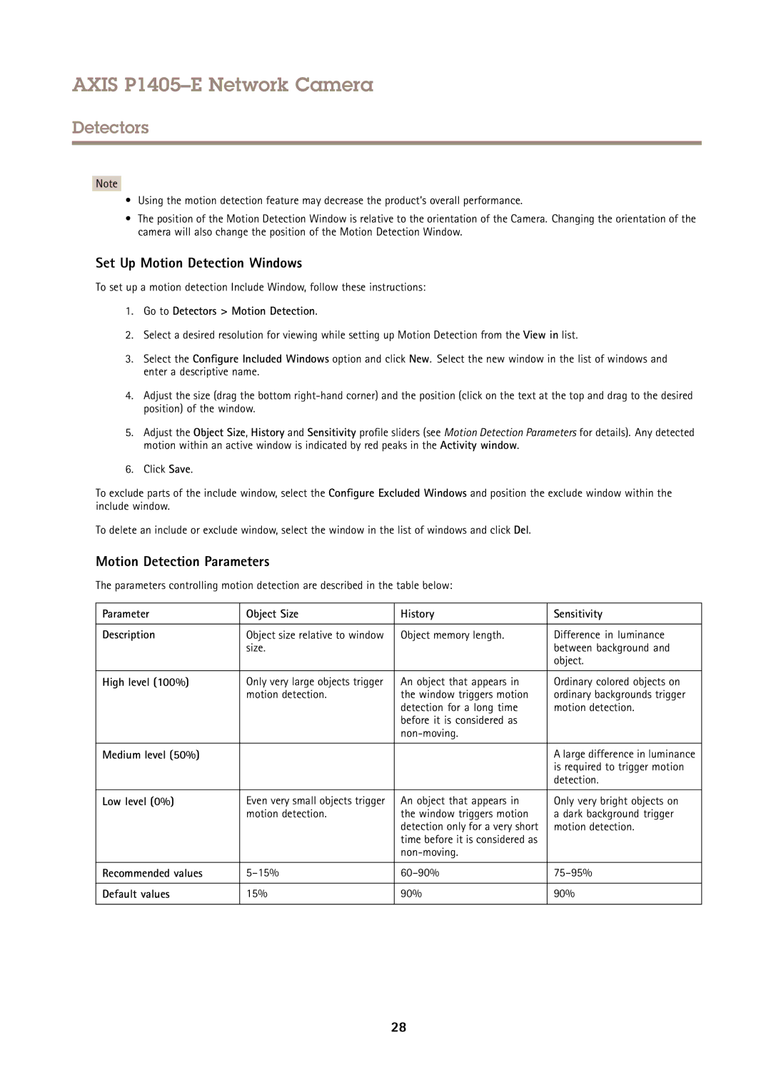 Axis Communications P1405-E user manual Set Up Motion Detection Windows, Motion Detection Parameters 