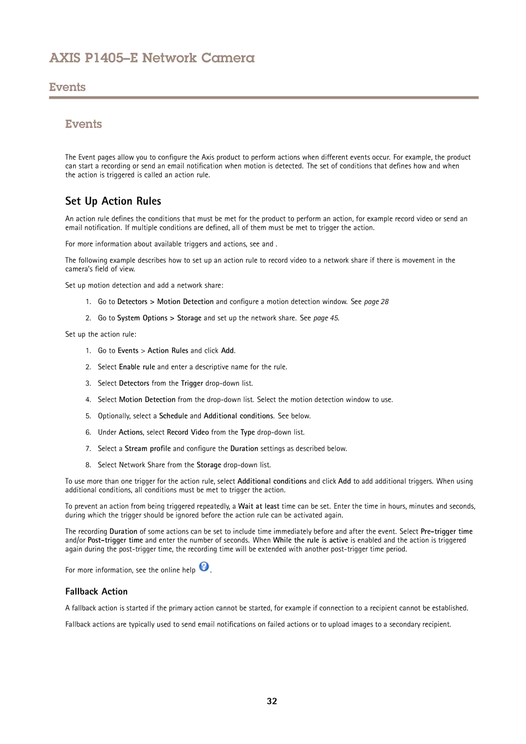 Axis Communications P1405-E user manual Set Up Action Rules, Fallback Action, Go to Events Action Rules and click Add 