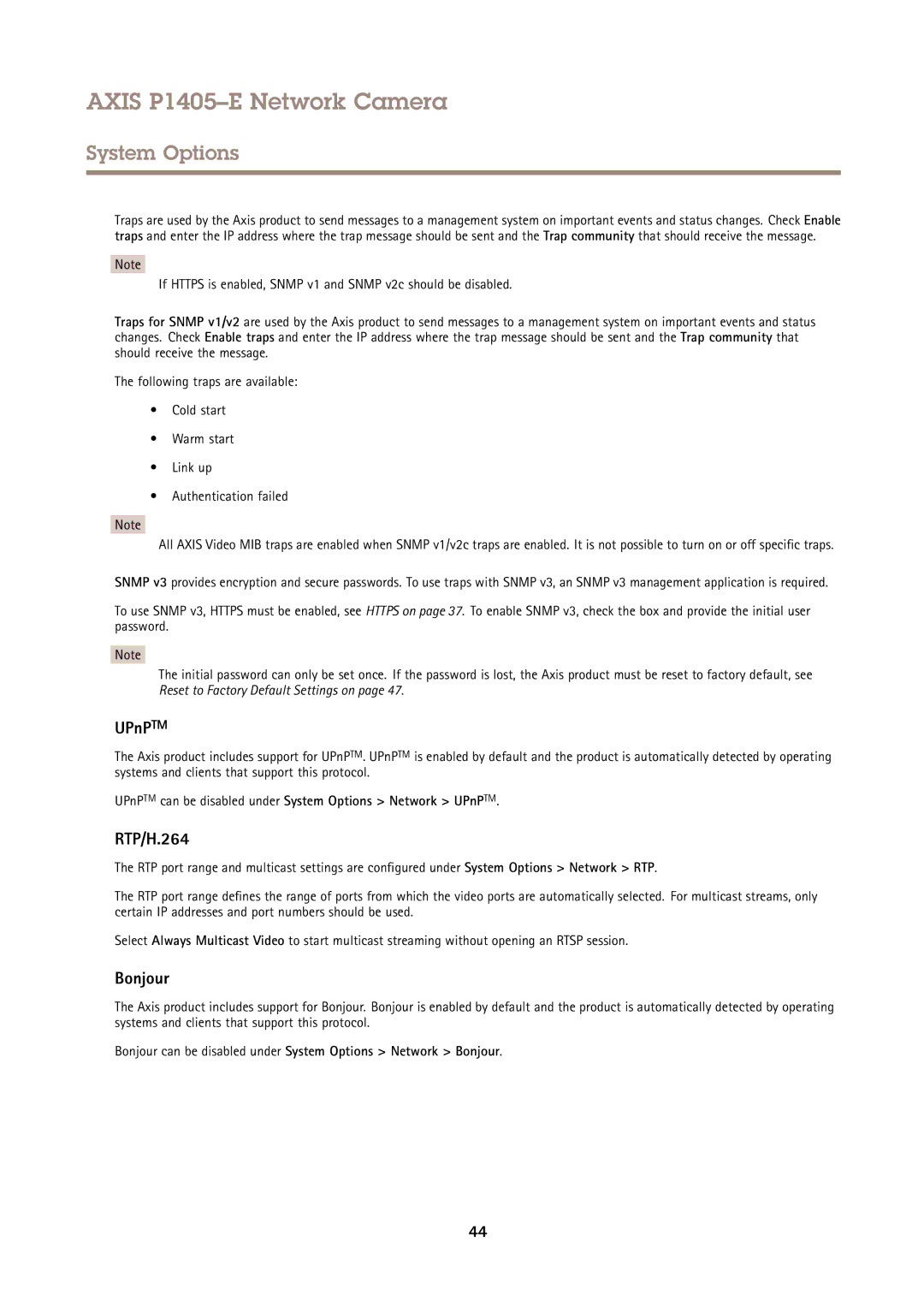 Axis Communications P1405-E user manual RTP/H.264, Bonjour, UPnPTM can be disabled under System Options Network UPnPTM 