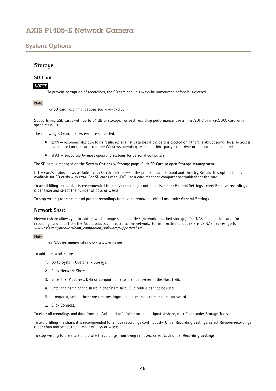 Axis Communications P1405-E user manual Storage, SD Card, Network Share, To add a network share 