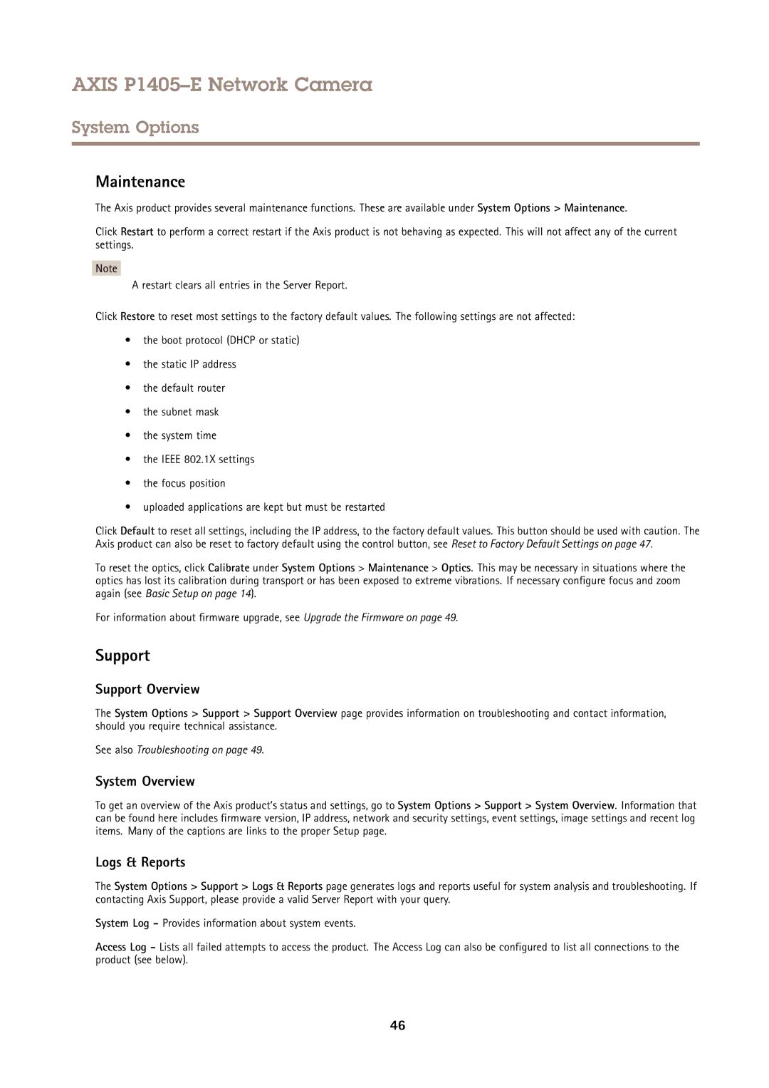 Axis Communications P1405-E user manual Maintenance, Support Overview, System Overview, Logs & Reports 