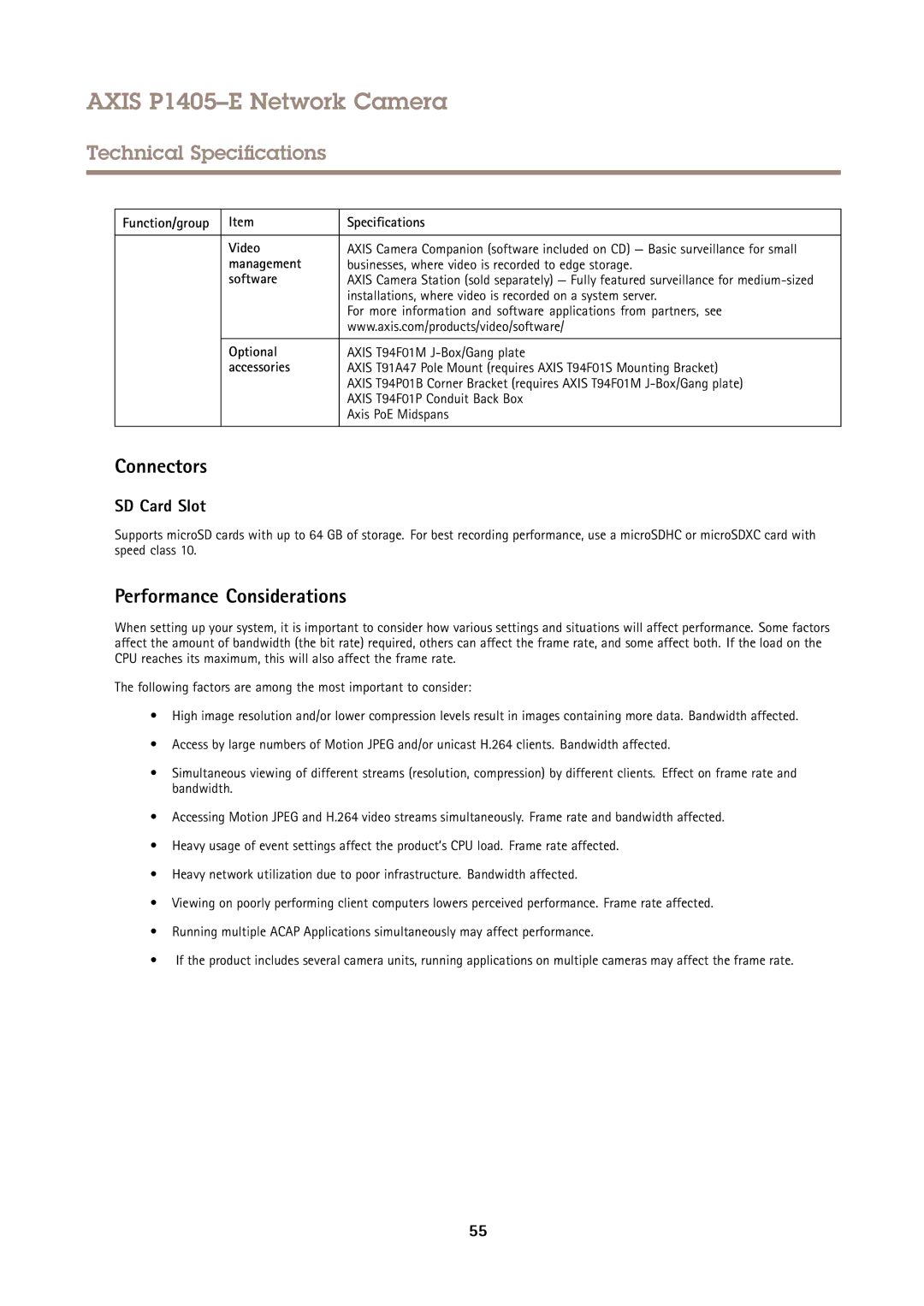 Axis Communications P1405-E user manual Connectors, Performance Considerations 