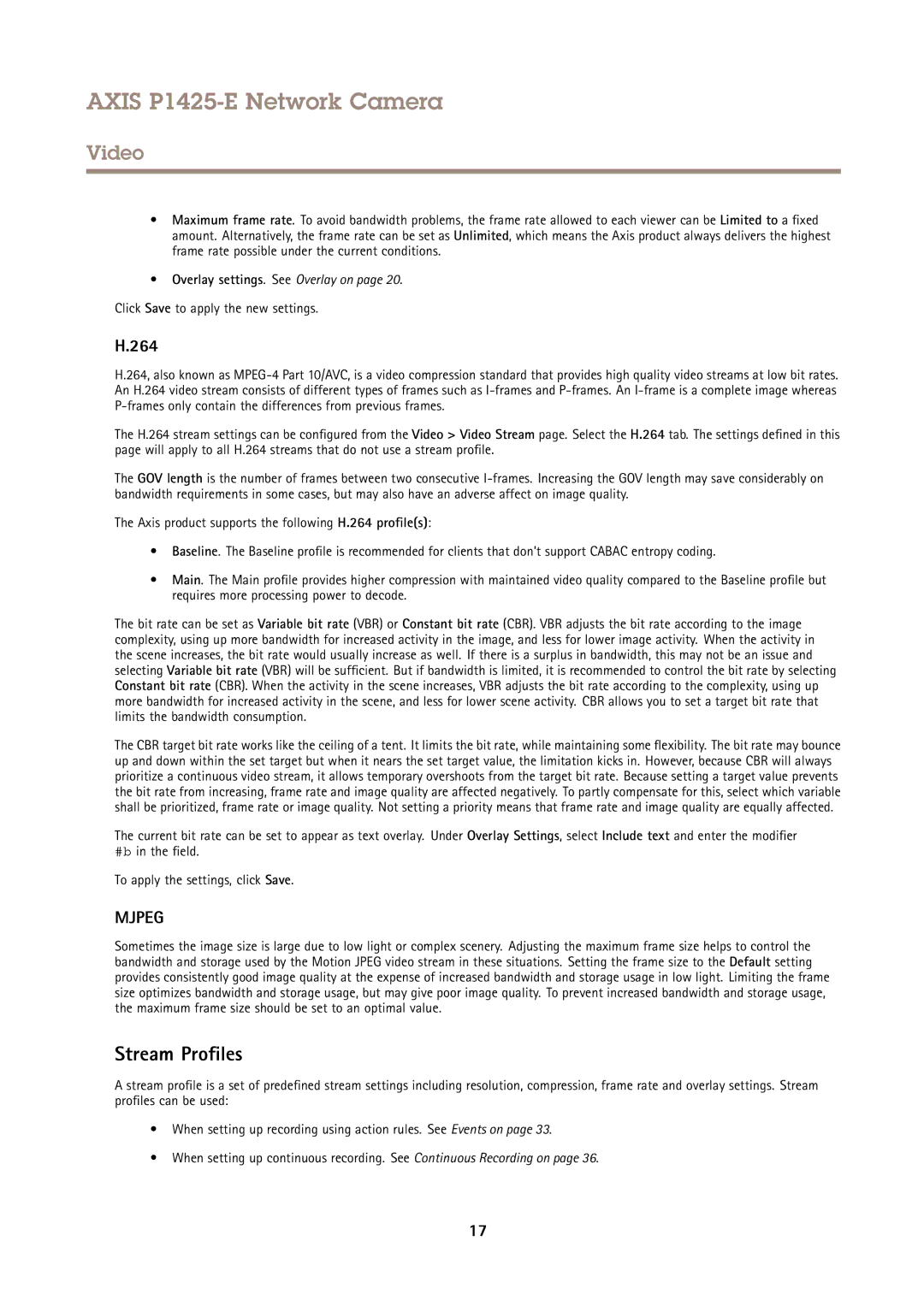 Axis Communications P1425-E user manual Stream Profiles, 264, Click Save to apply the new settings 