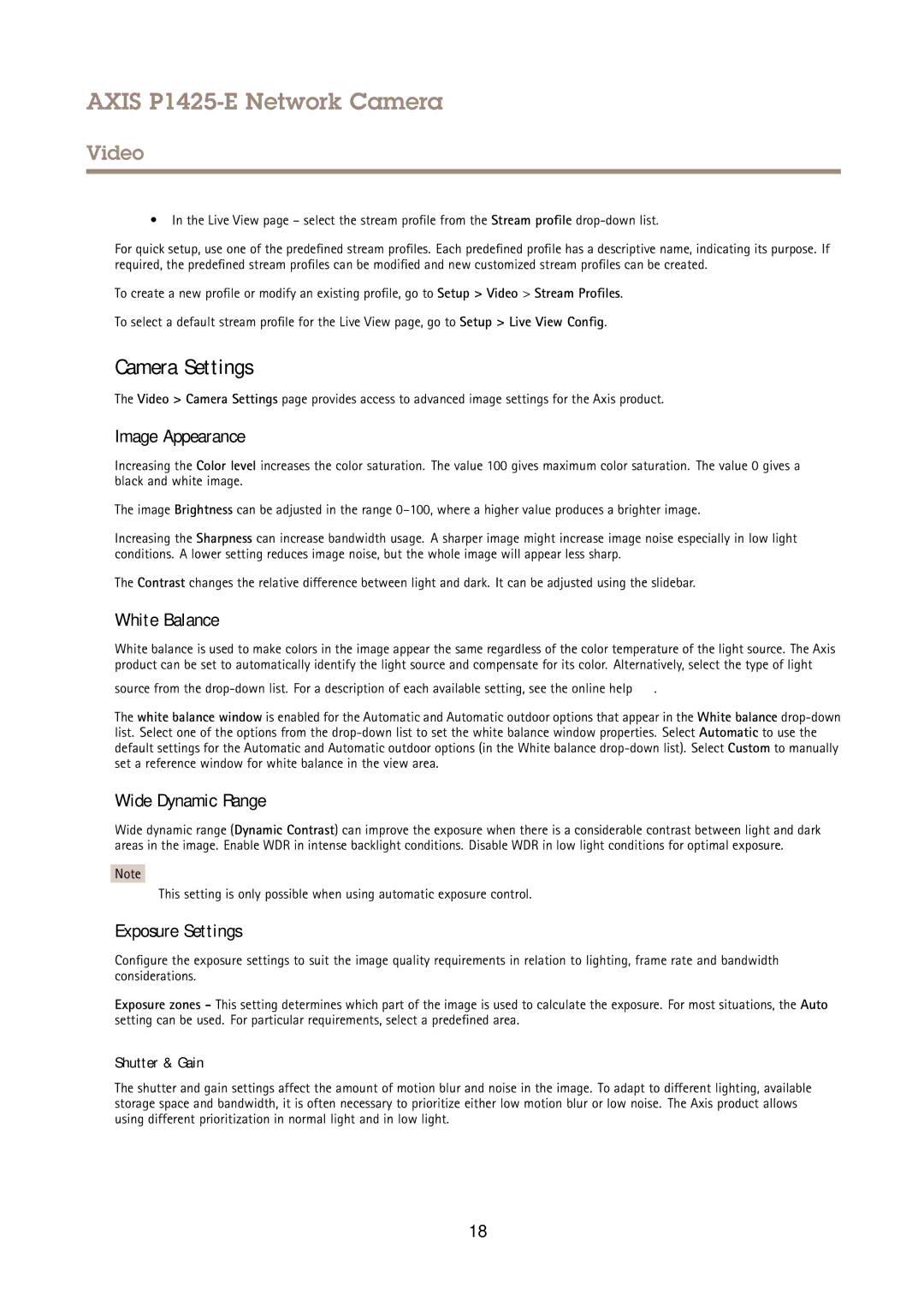 Axis Communications P1425-E Camera Settings, Image Appearance, White Balance, Wide Dynamic Range, Exposure Settings 