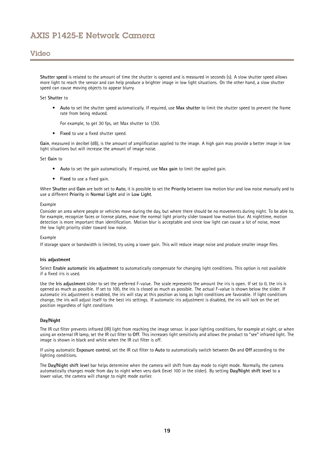 Axis Communications P1425-E user manual Set Shutter to, Iris adjustment, Day/Night 