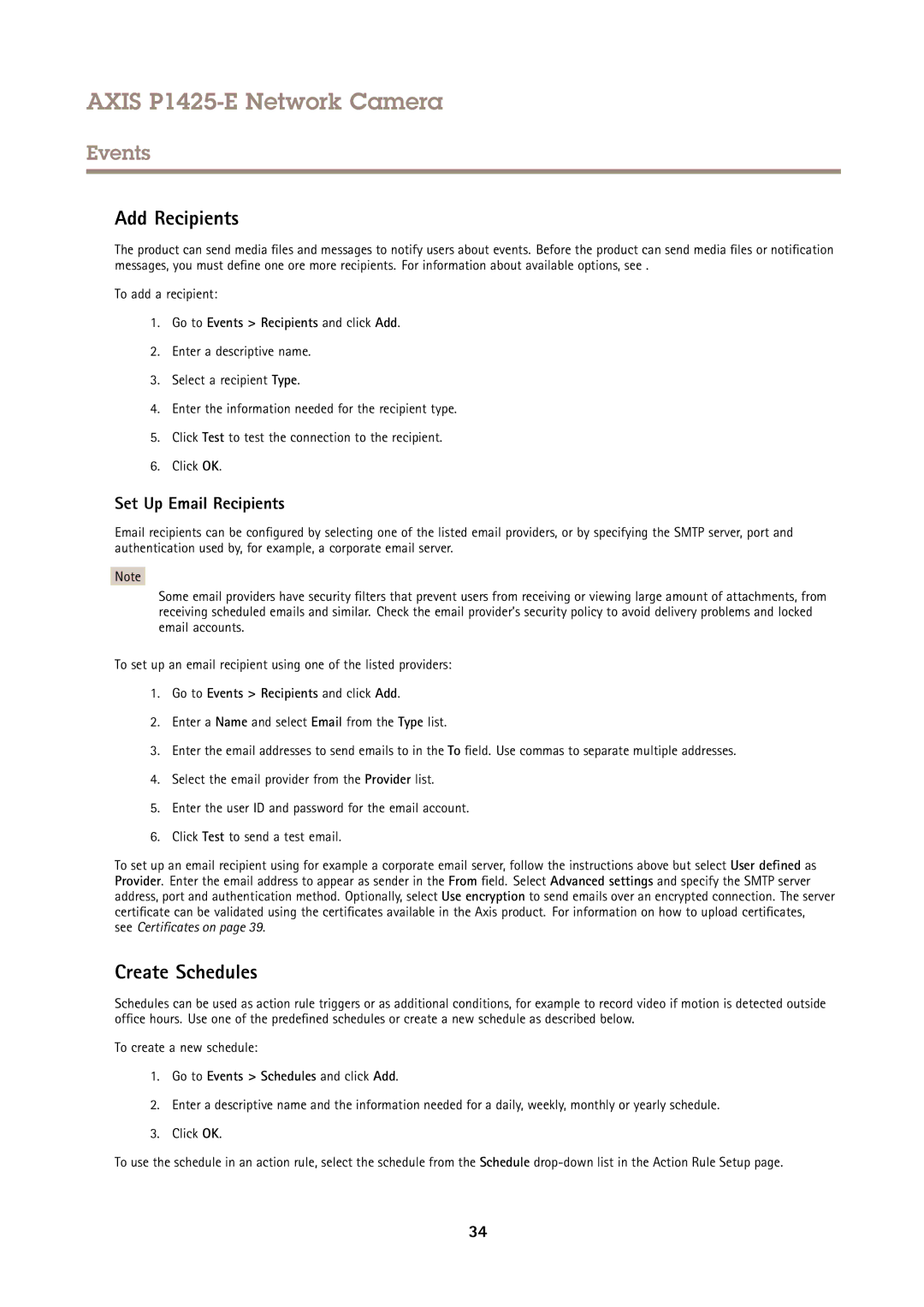 Axis Communications P1425-E user manual Add Recipients, Create Schedules, Set Up Email Recipients 