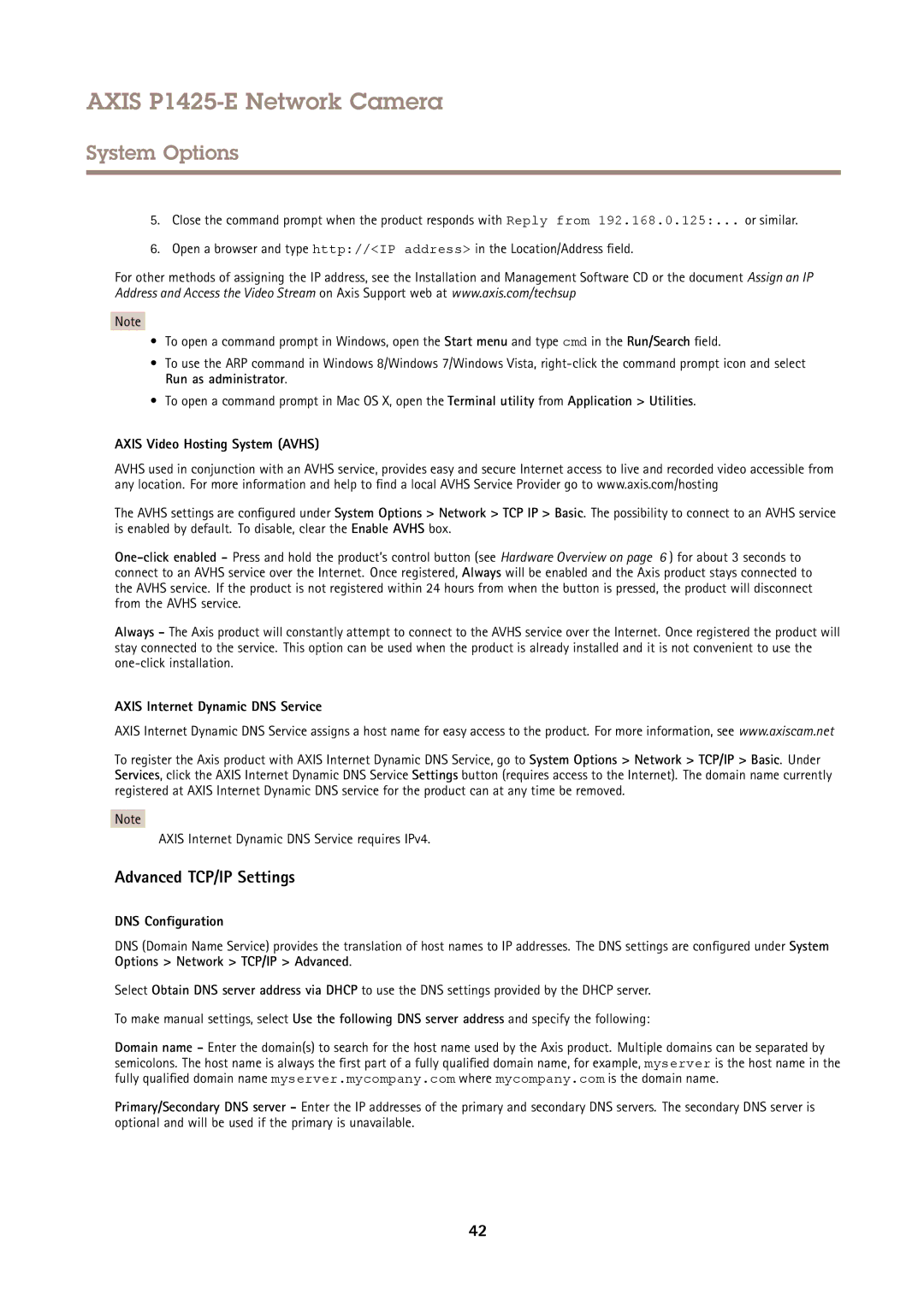 Axis Communications P1425-E Advanced TCP/IP Settings, Axis Video Hosting System Avhs, Axis Internet Dynamic DNS Service 