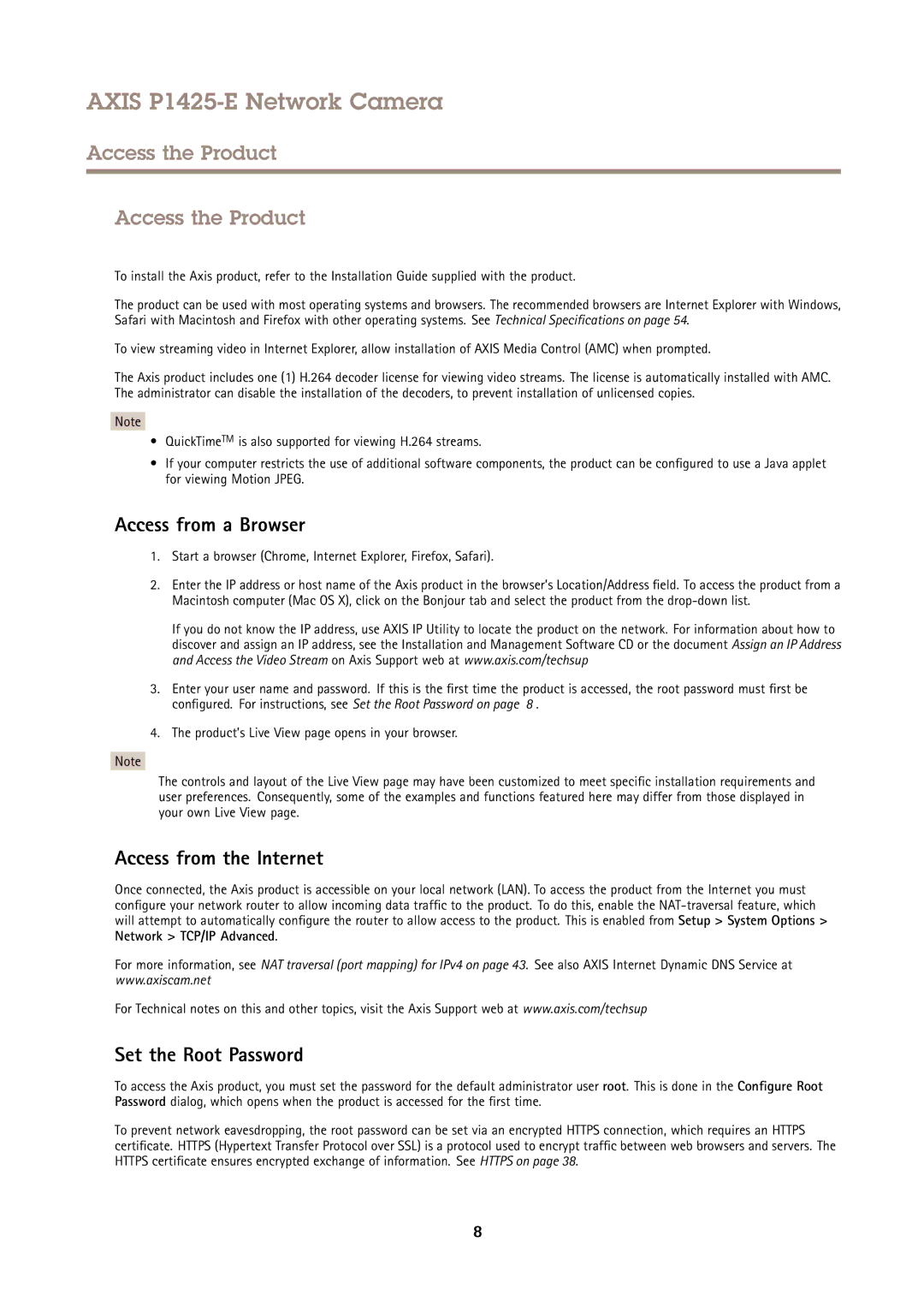 Axis Communications P1425-E Access the Product, Access from a Browser, Access from the Internet, Set the Root Password 